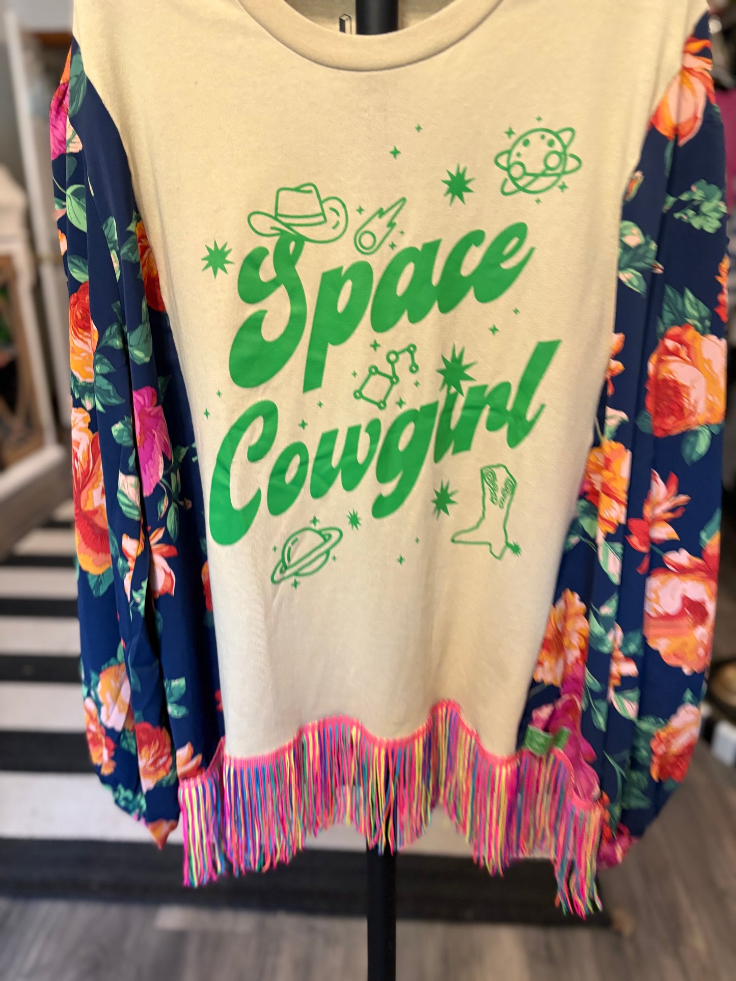 Space Cowgirl Upcycled Drop-Sleeve Tee  with Fringe One Size Fits a Small to XXL
