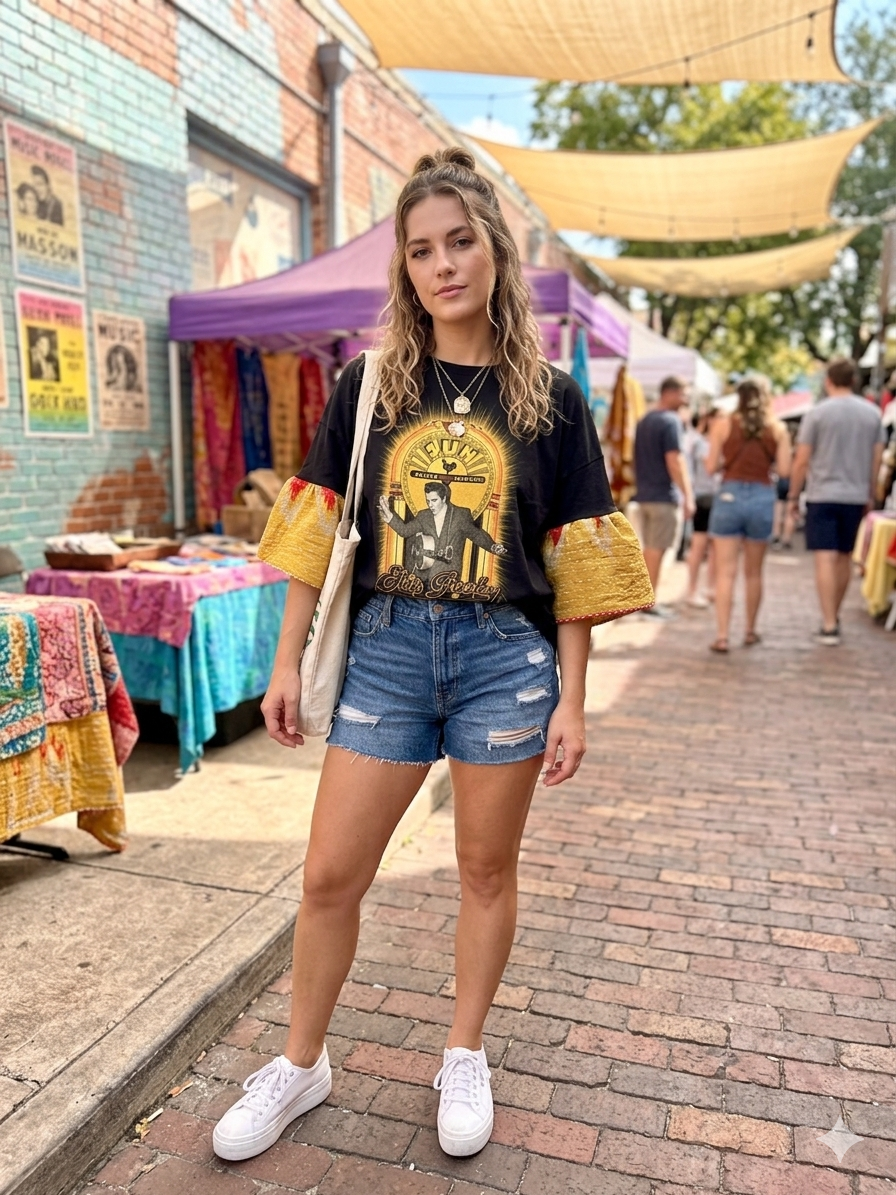 Sun Elvis Upcycled Vintage Kantha Sleeve Tee Fits a Small to 2X