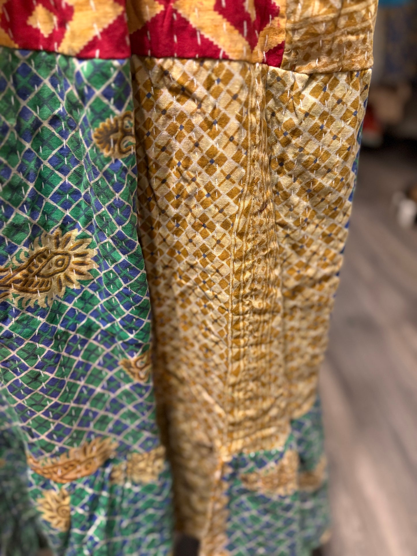 Vintage Kantha Boho Long Maxi Skirt with Pockets