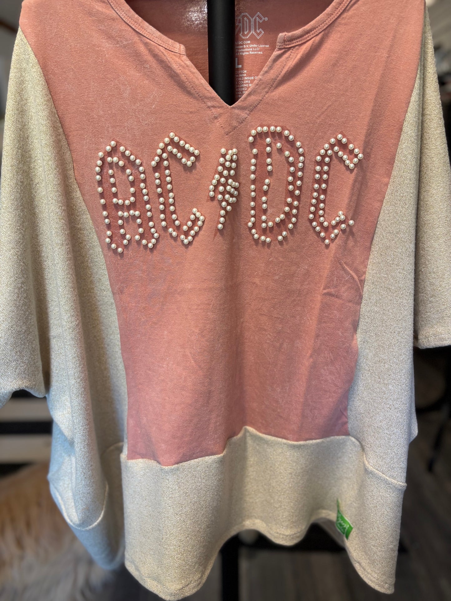 AC/DC Pearl and Gold Upcycled Drop-Sleeve Tee One Size Fits a Large to 3X