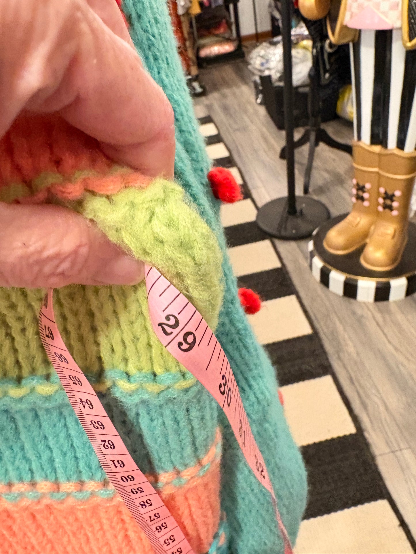 Teal Striped Pom Pom Sleeve Sweater