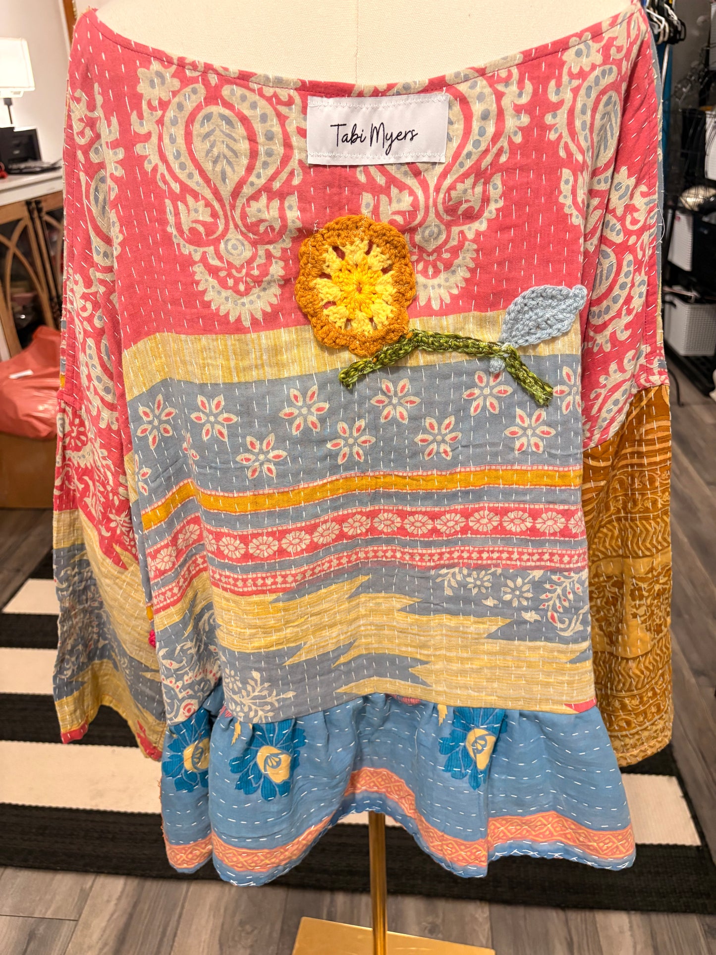 Crochet and Kantha Ruffled Hi/Lo Top