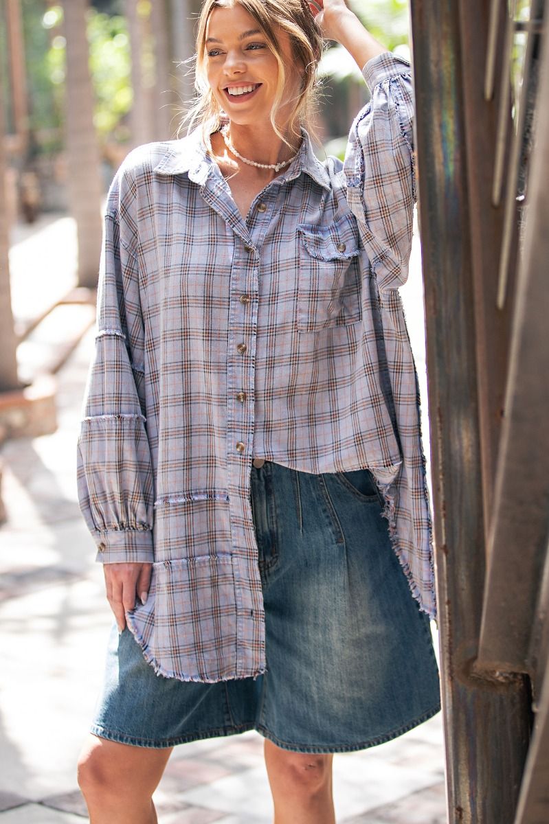 Blue Plaid Frayed Long Flannel Plus Size