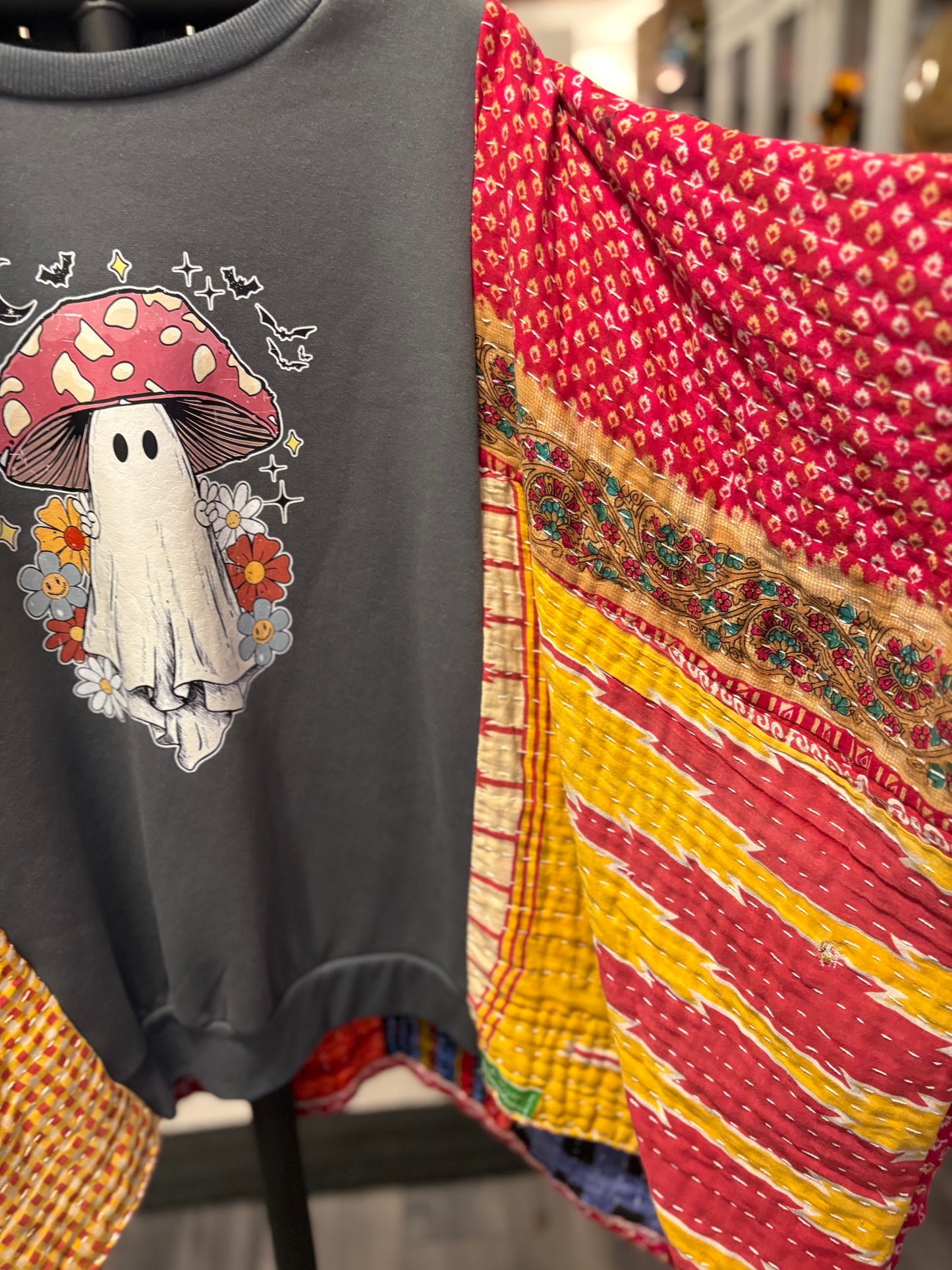 Mushroom Ghost Upcycled Vintage Kantha Poncho Tee Fits A Size Small to XXL