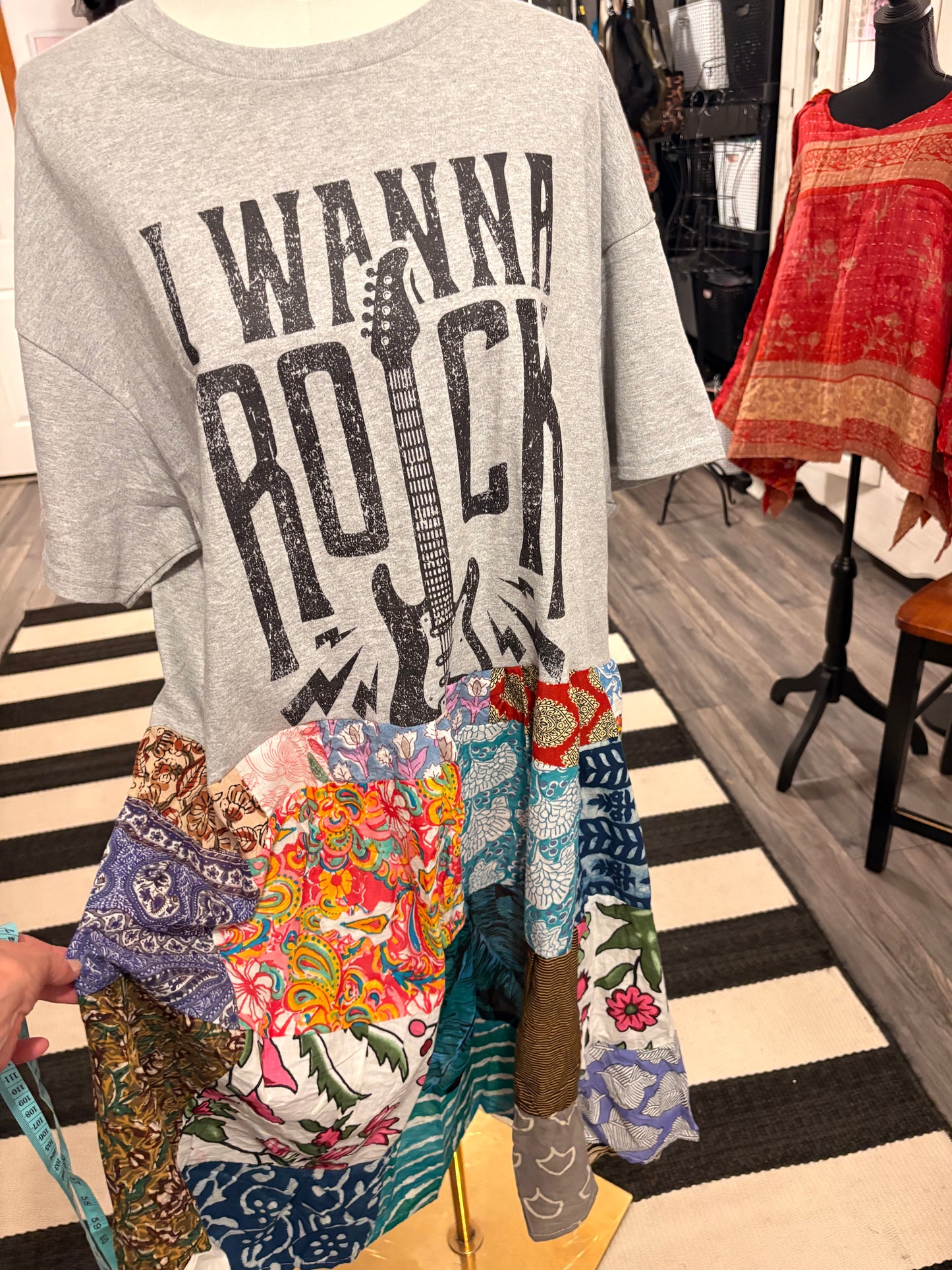 I Wanna Rock Upcycled Vintage Patchwork Tee Dress Fits a Small to XL