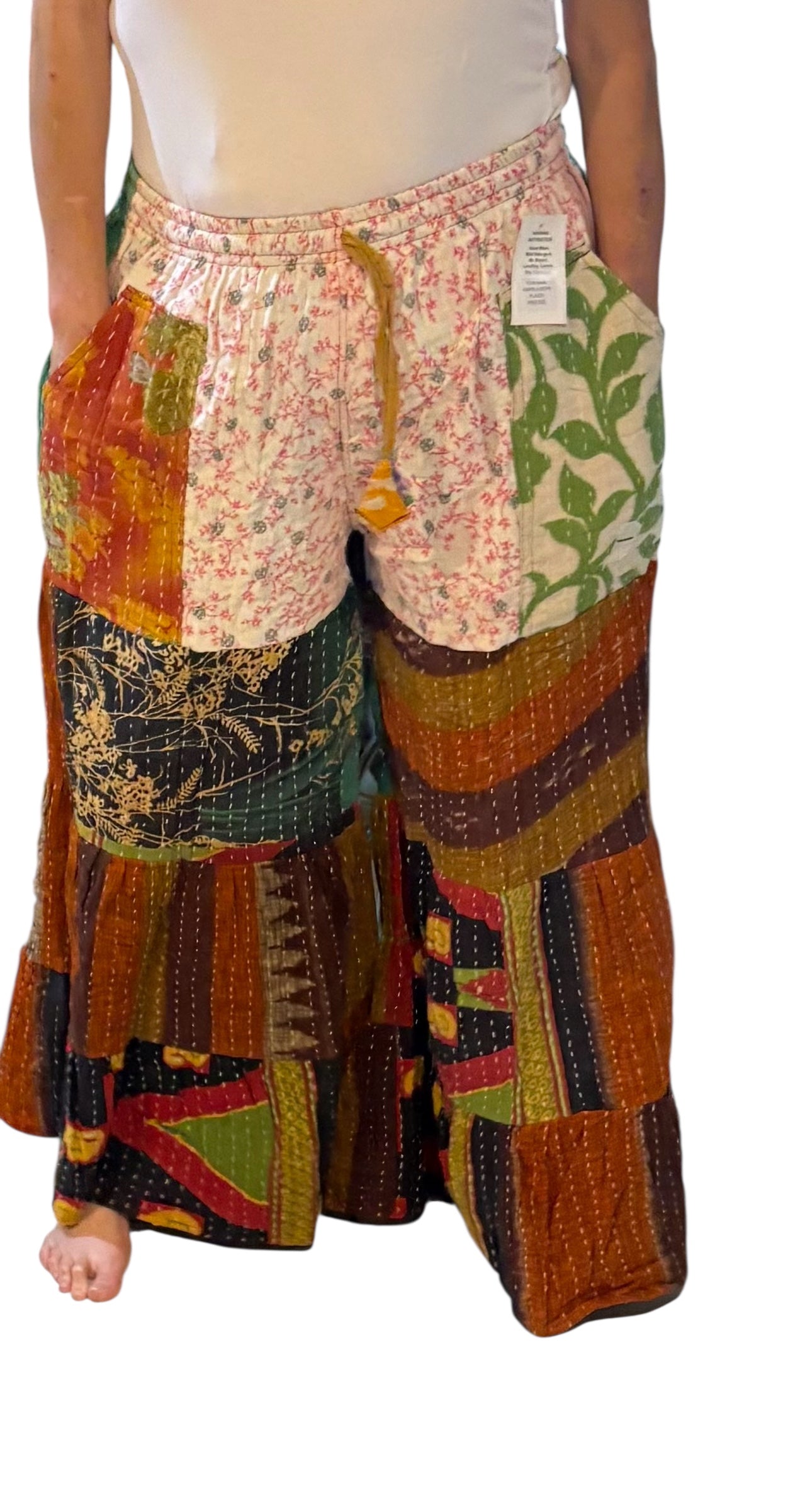 Kantha Flowy Tiered Reversible Palazzo Pant with Pockets: One Size Fits Size 6-16