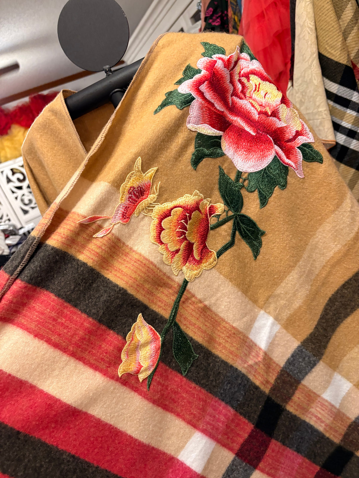 Flora Plaid  Hand Embroidered Cape by Aratta One Size Fits a Small to 3X