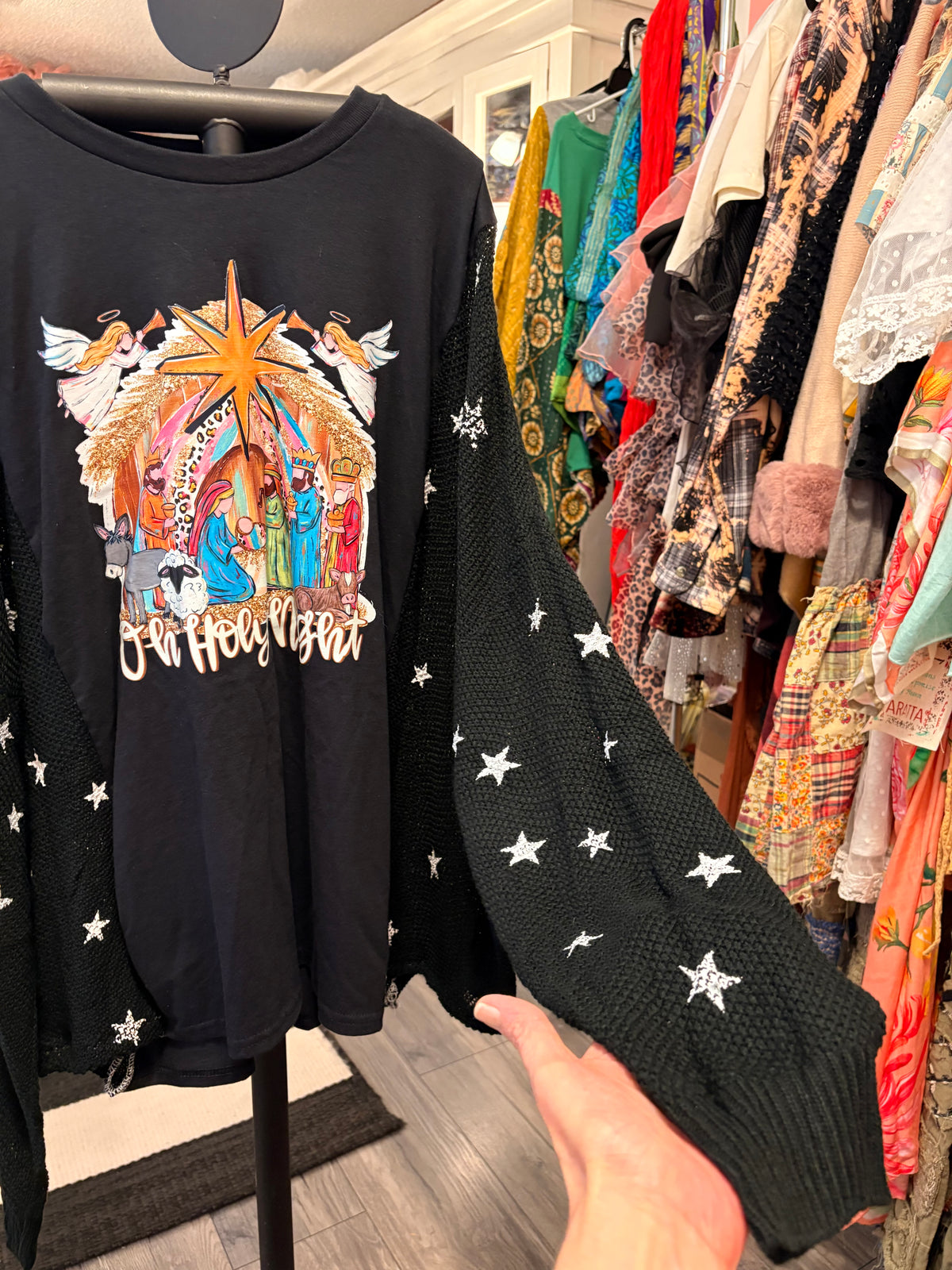 Holy Night Drop Sleeve Sweater Tee One Size Fits a Small to 3X