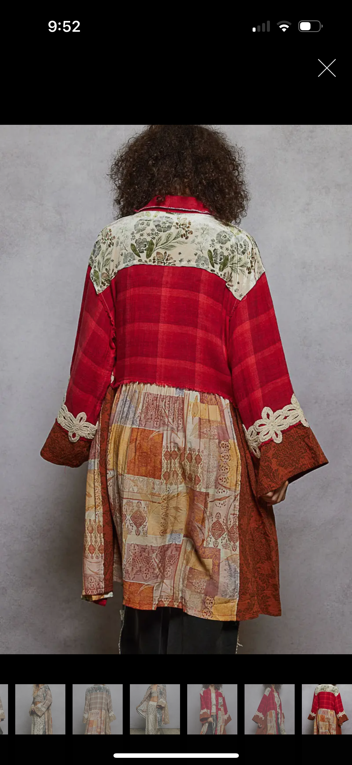 Long sleeve spangle crochet trim plaid knee length shirt top: RED MULTI / S