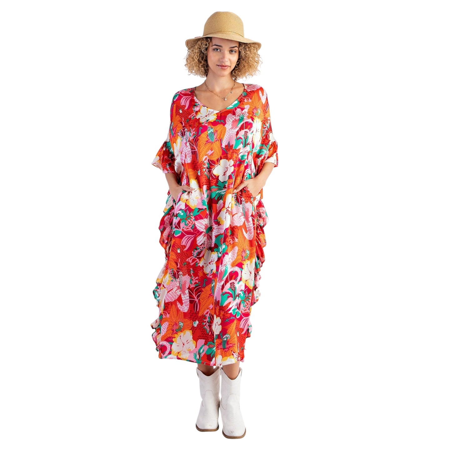 Tropical Orange Ruffle Midi Dress