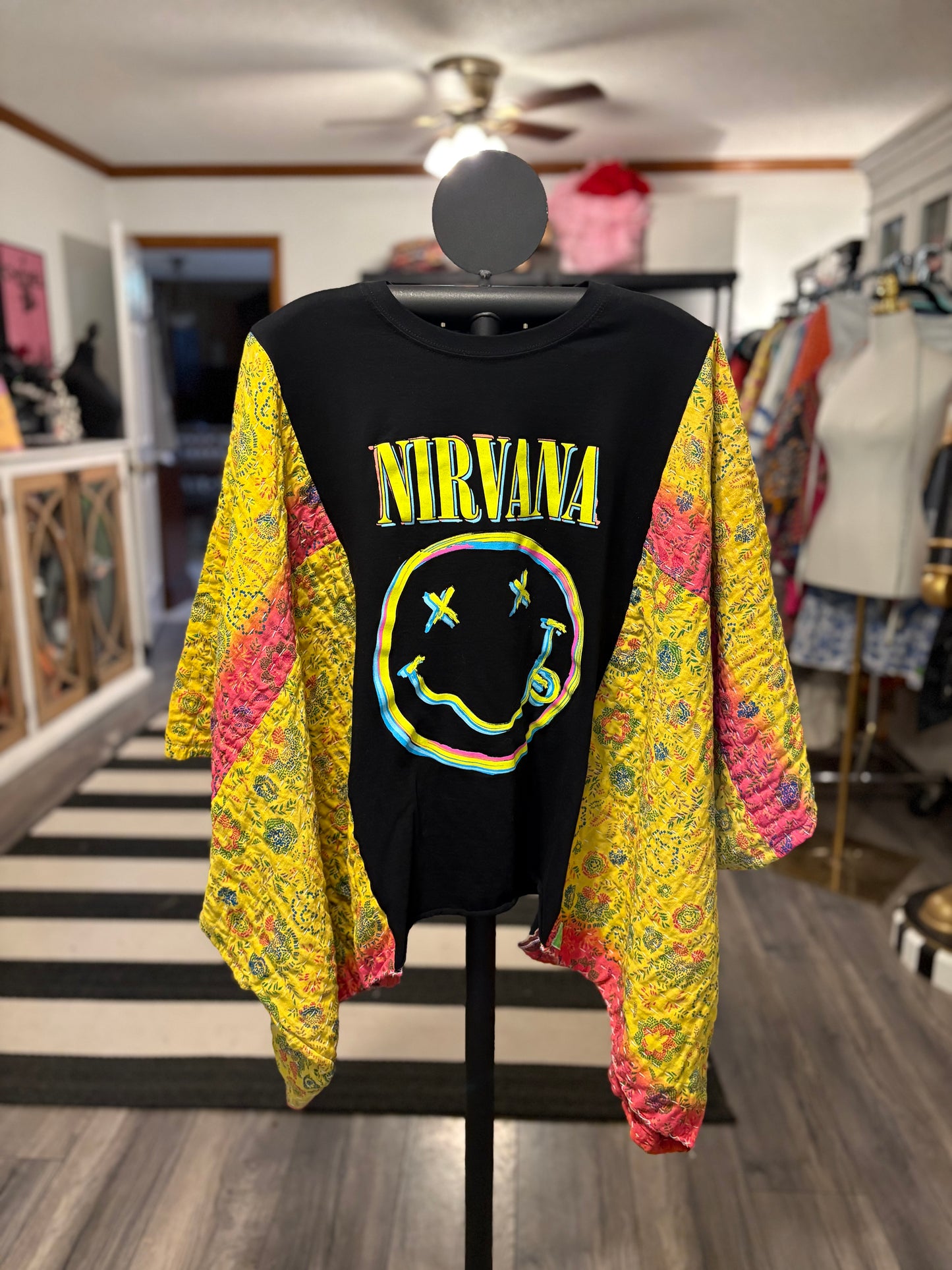 Nirvana Upcycled Vintage Kantha Poncho Tee Fits A Size Small to XXL