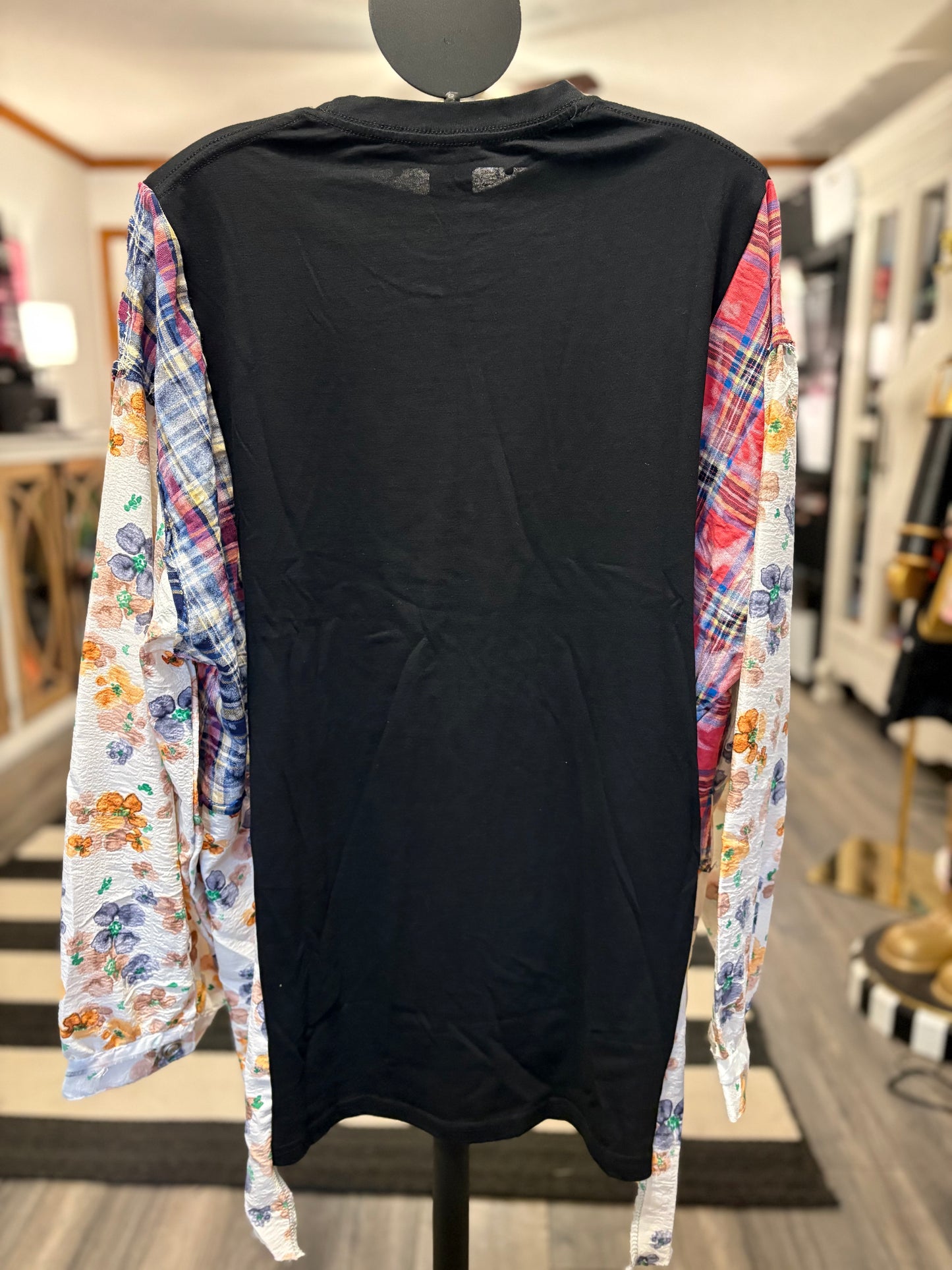 Man in Black Upcycled Frayed Patchwork Tee One Size Fits A Large to 3X Oversized