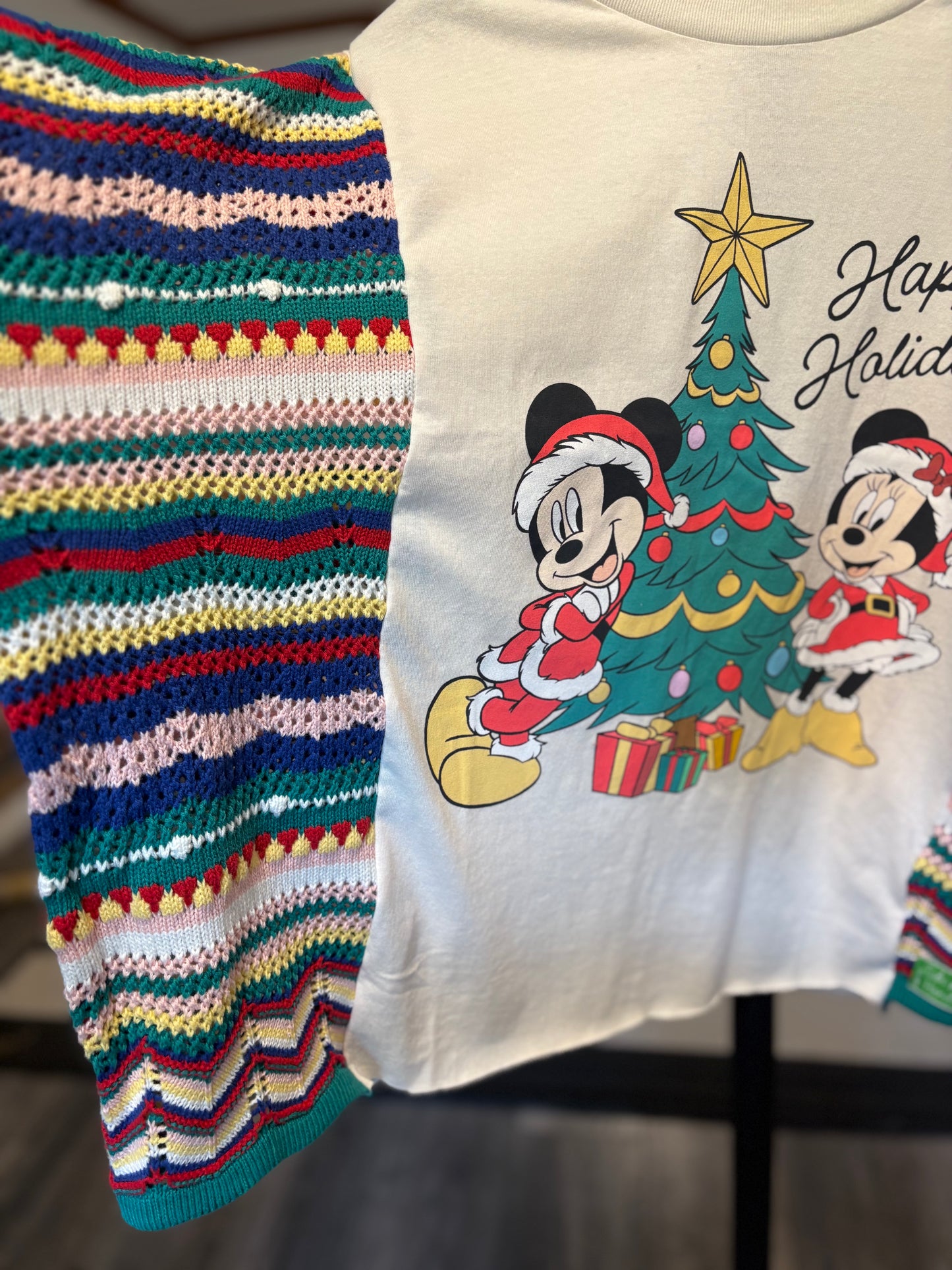 Mickeys Christmas Upcycled Drop-Sleeve Sweater Tee One Size Fits a Small to XXL