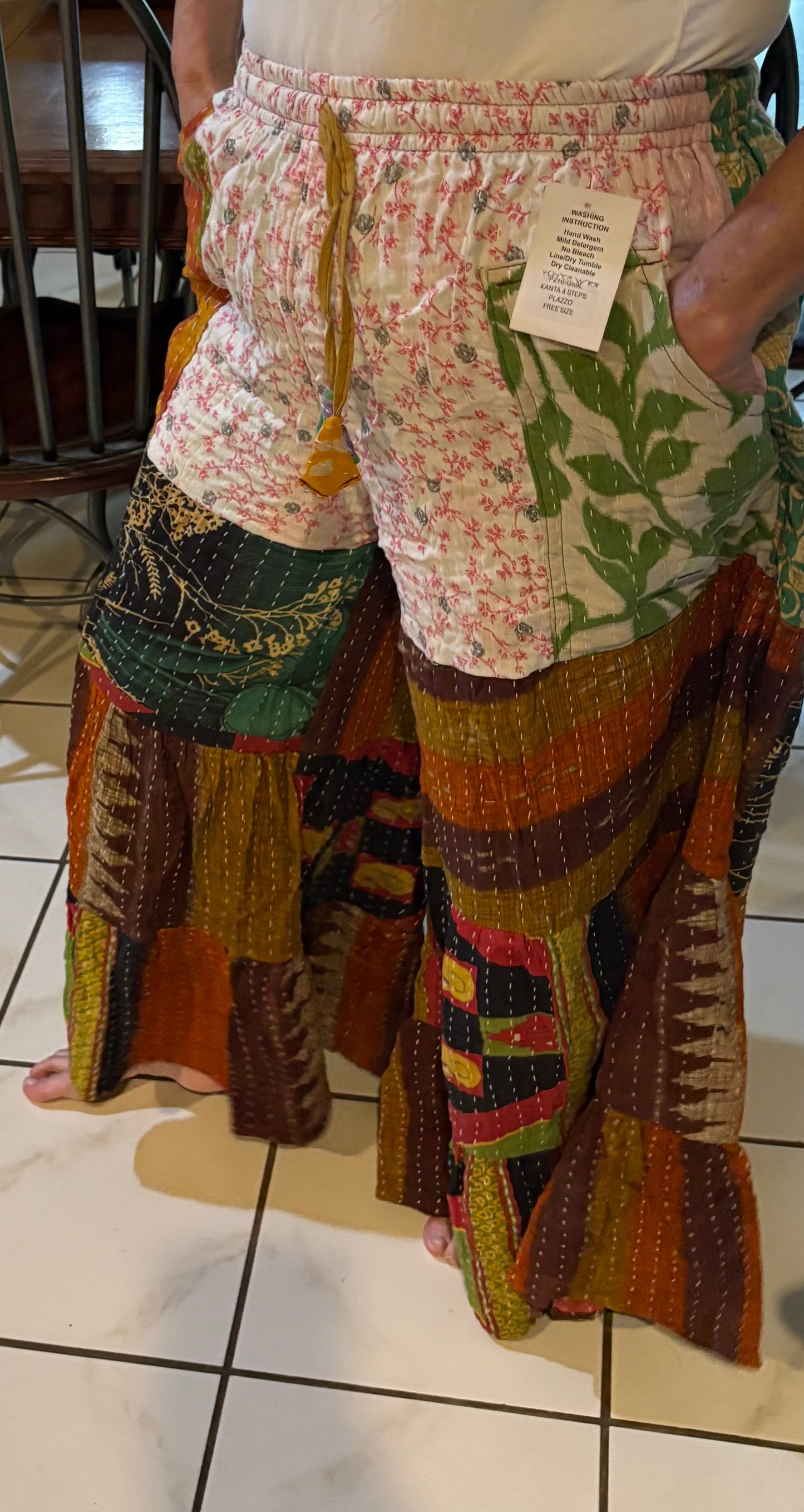 Kantha Flowy Tiered Reversible Palazzo Pant with Pockets: One Size Fits Size 6-16