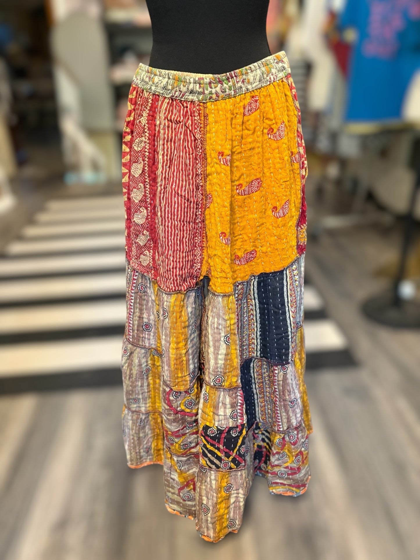 Corrin Kantha Flowy Tiered Reversible Palazzo Pant with Pockets: One Size Fits Size 6-16
