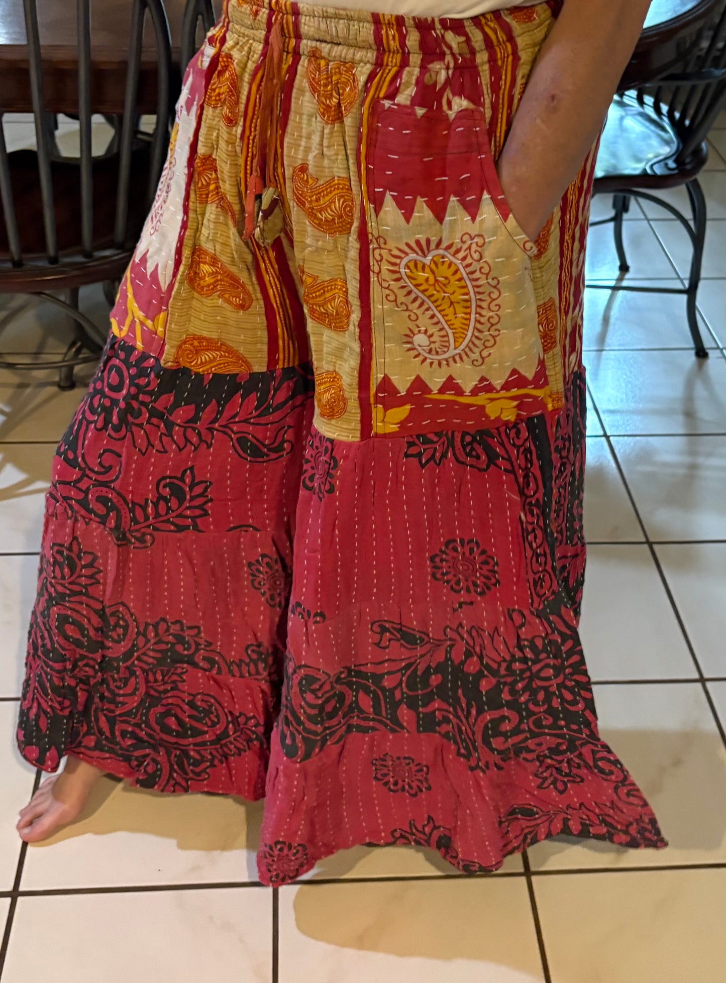 Kantha Flowy Tiered Reversible Palazzo Pant with Pockets: One Size Fits Size 6-16