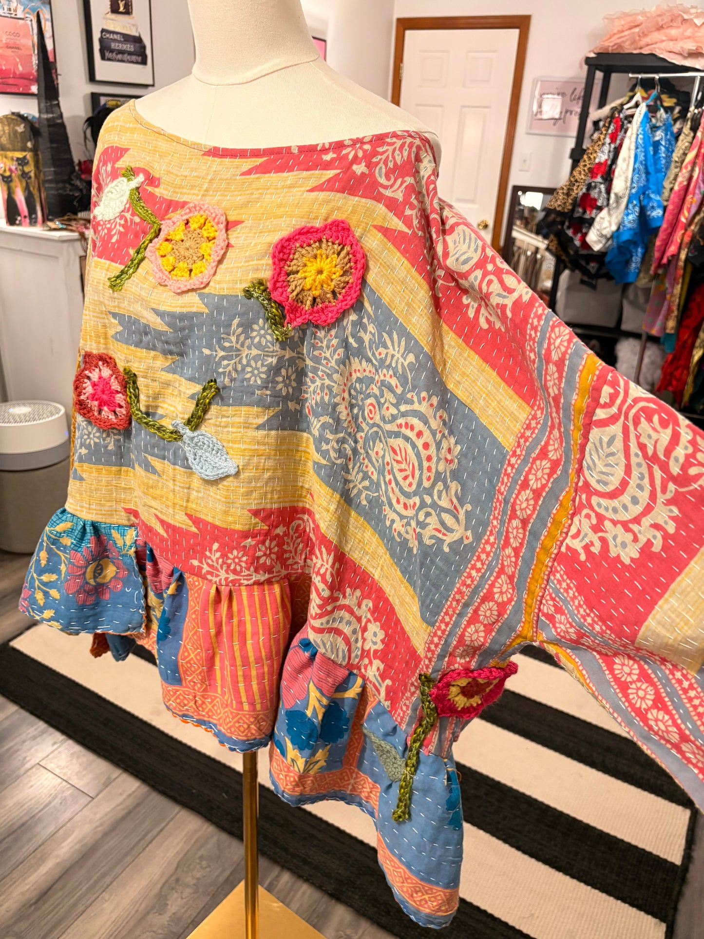 Crochet and Kantha Ruffled Hi/Lo Top