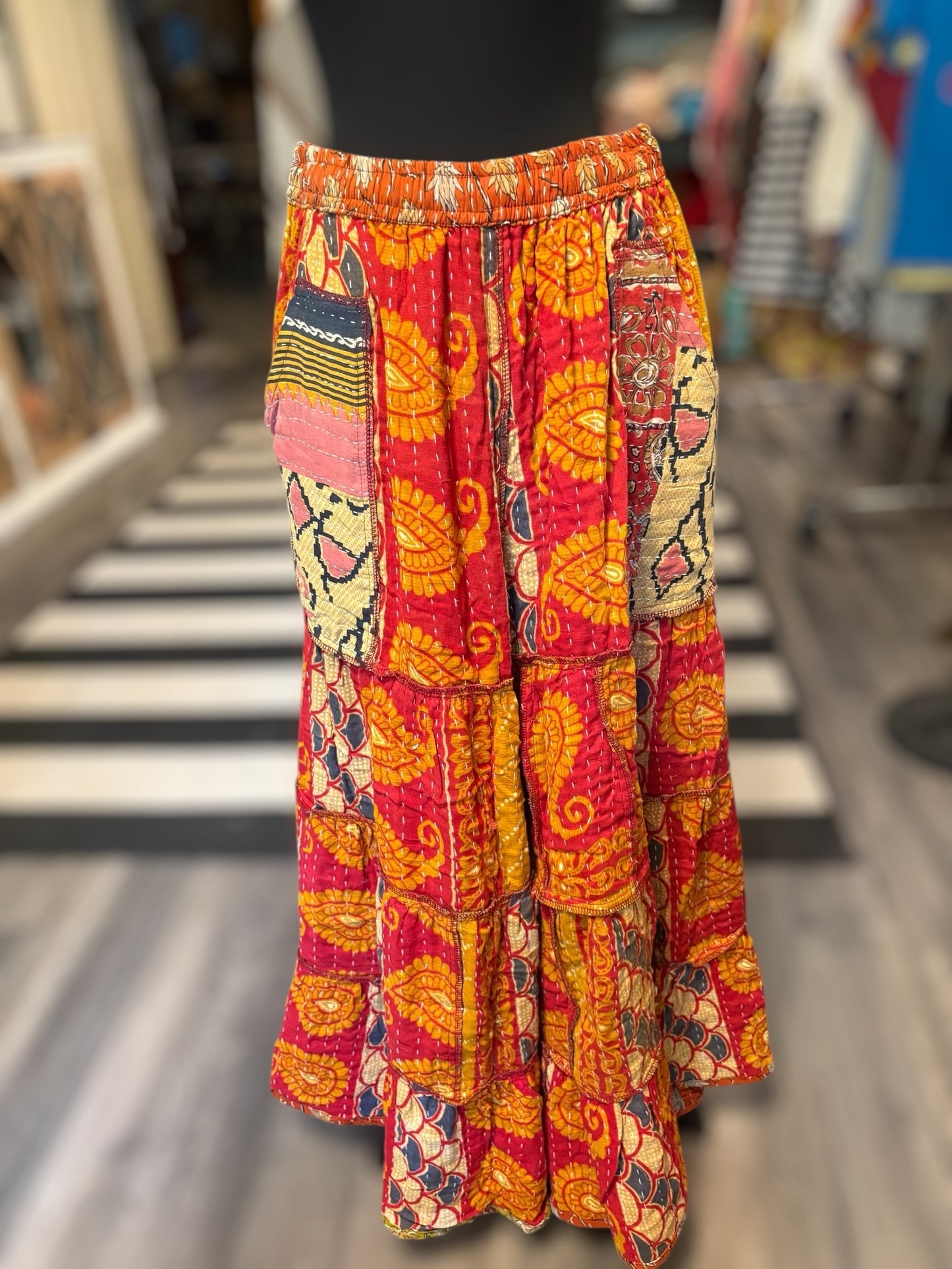 Emily Kantha Flowy Tiered Reversible Palazzo Pant with Pockets: One Size Fits Size 6-16
