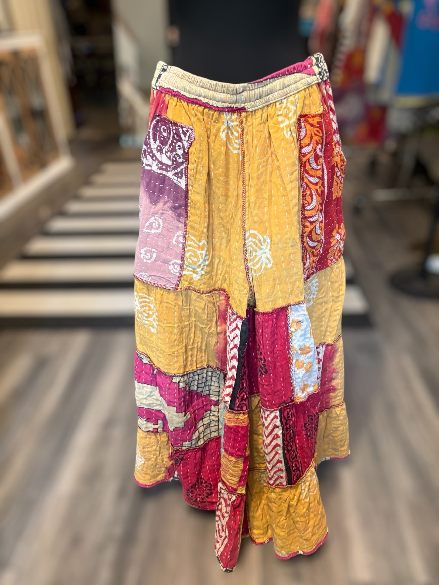 Donna Kantha Flowy Tiered Reversible Palazzo Pant with Pockets: One Size Fits Size 6-16
