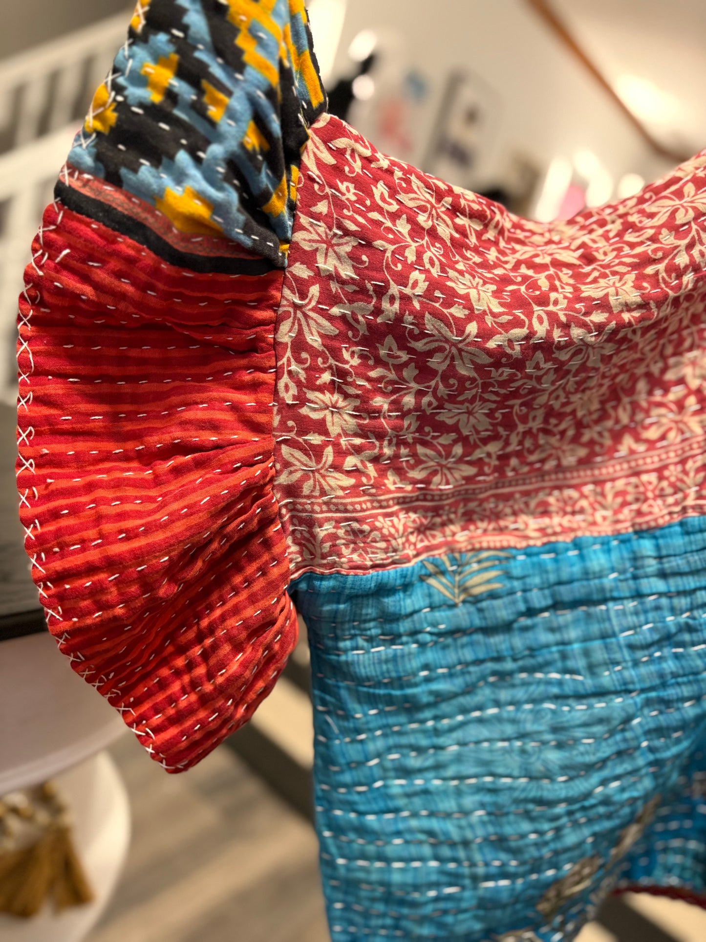 Rumours Upcycled Vintage Kantha Quilt Ruffle Sleeve Poncho Tee One Size Fits a Large to 3X