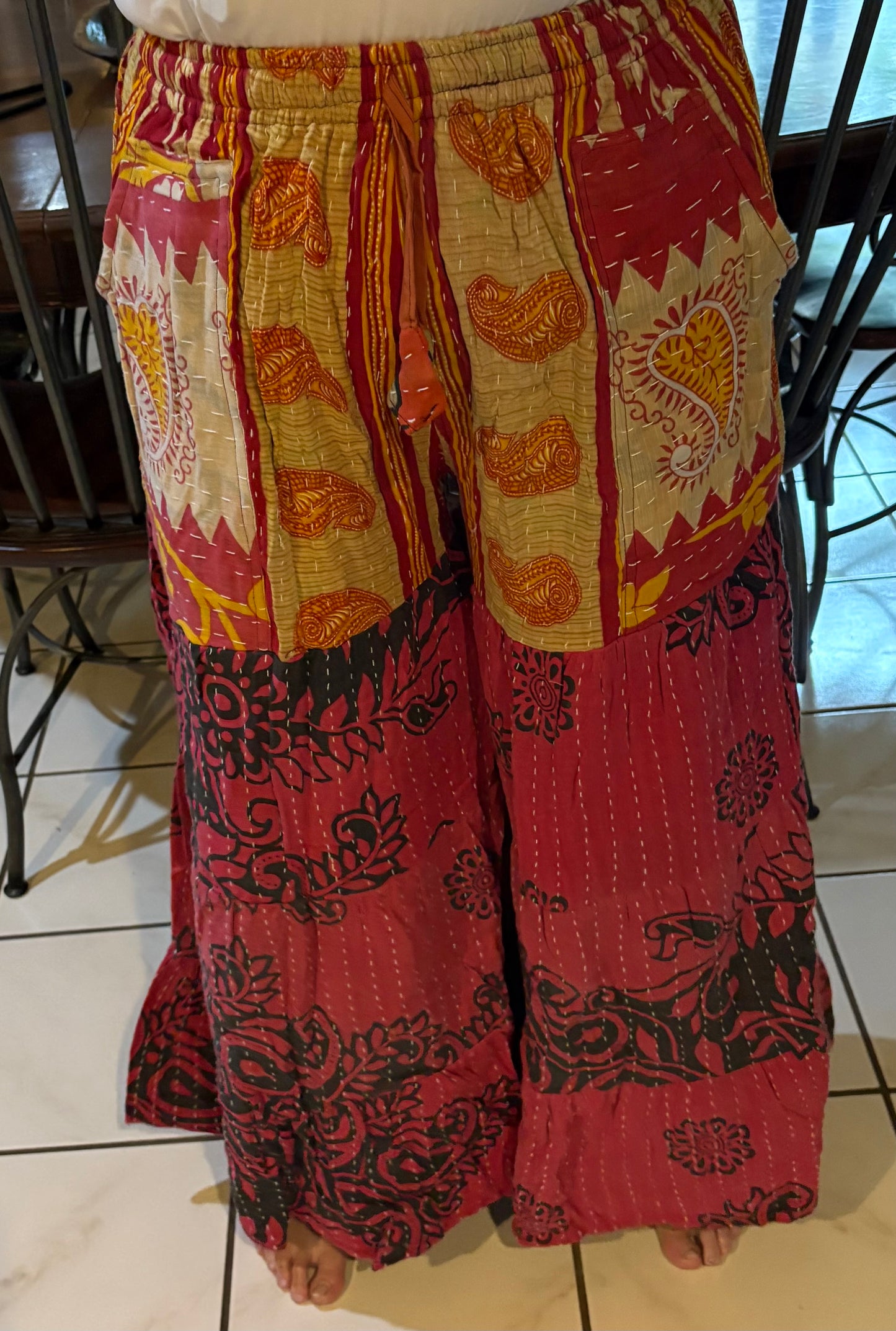 Kantha Flowy Tiered Reversible Palazzo Pant with Pockets: One Size Fits Size 6-16