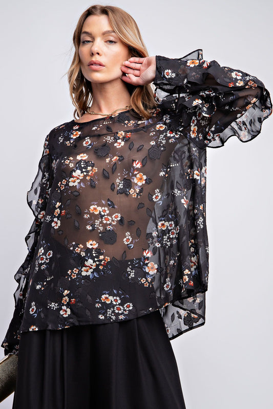 Burnout Floral Printed Chiffon Blouse Plus Size
