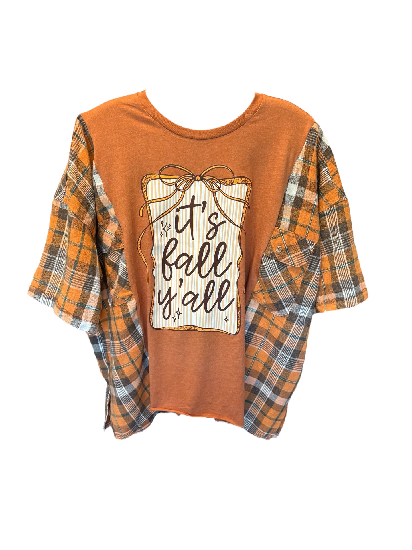 Fall Yall Upcycled Drop-Sleeve Flannel Tee One Size Fits a Small to XXL