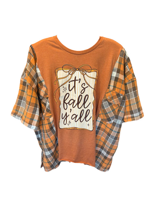 Fall Yall Upcycled Drop-Sleeve Flannel Tee One Size Fits a Small to XXL