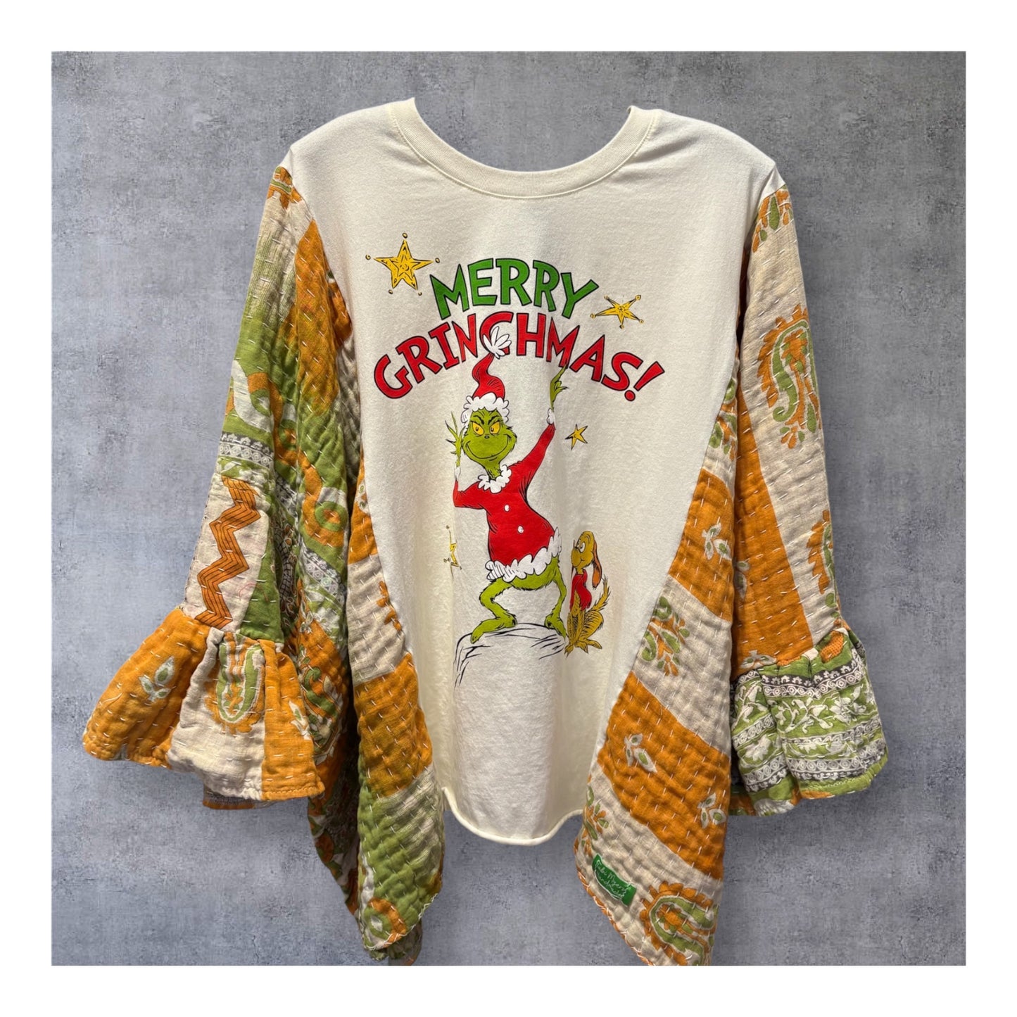 Grinchmas Upcycled Vintage Kantha Quilt Ruffle Sleeve Poncho Tee One Size Fits a Large to 3X