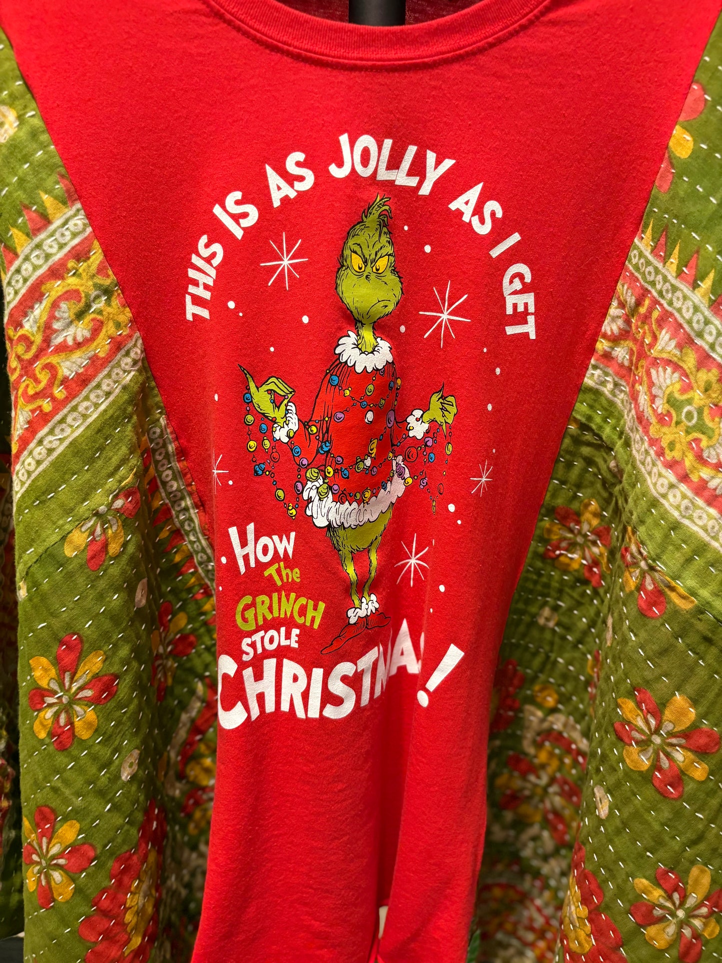 Jolly Grinch Vintage Kantha Quilt Poncho Tee One Size Fits a Small to XXL