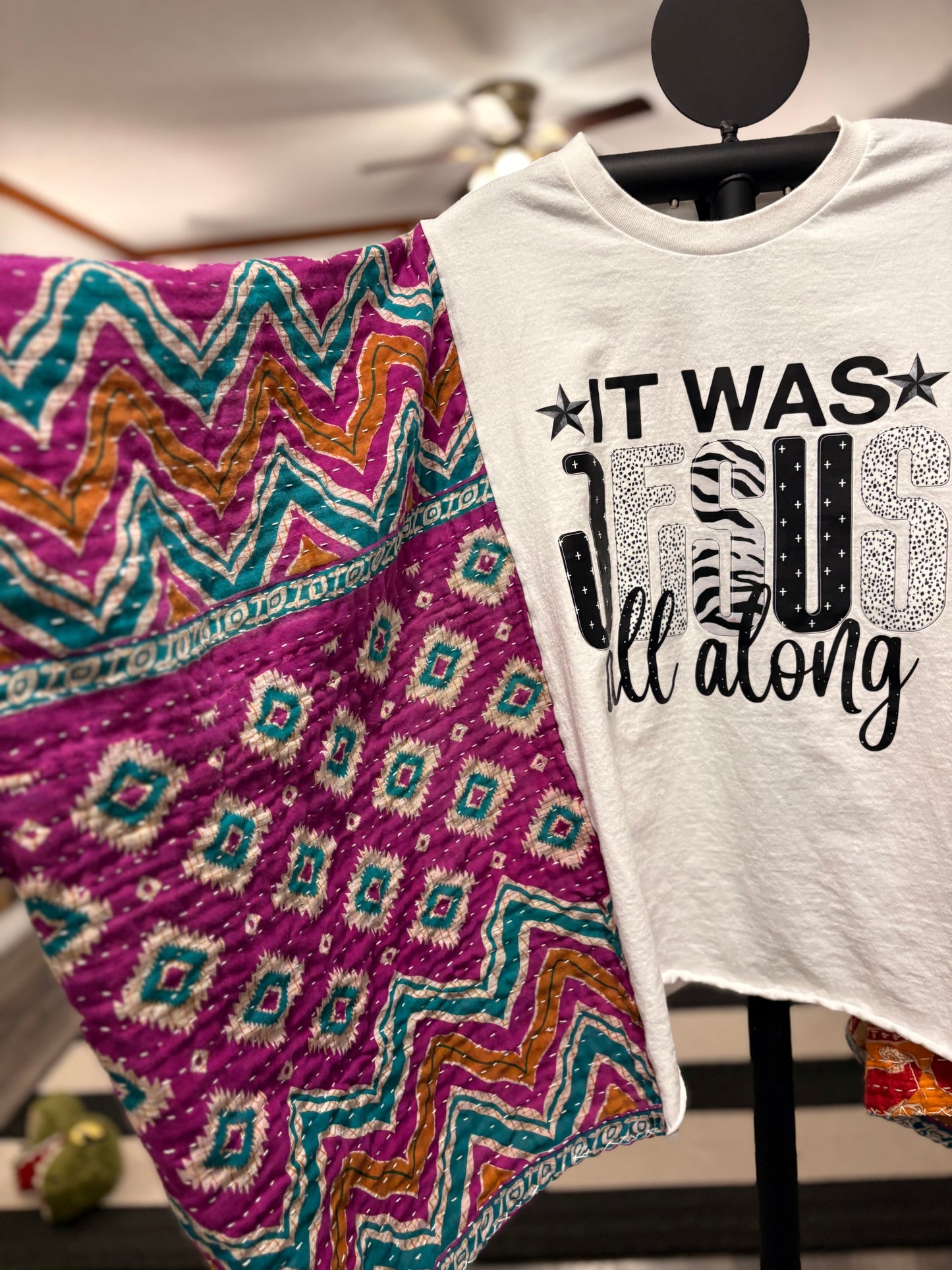 It Was Jesus Upcycled Vintage Kantha Quilt Poncho Tee One Size Fits a Small to XXL