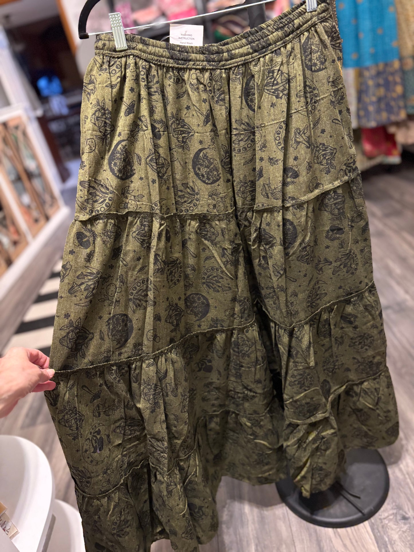 Flowy Tiered Mushroom Boho Skirt with Pockets: Green One Size Fits Small to XXL Size 4-16