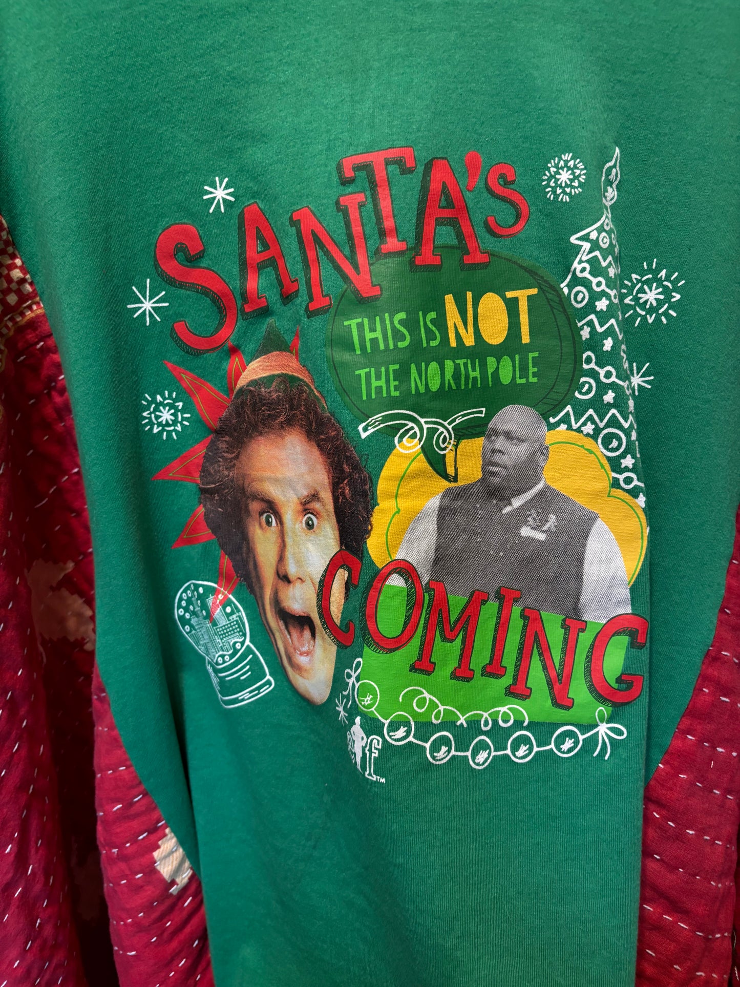 Santa’s Coming Upcycled Vintage Kantha Poncho Tee Fits A Size Small to XXL
