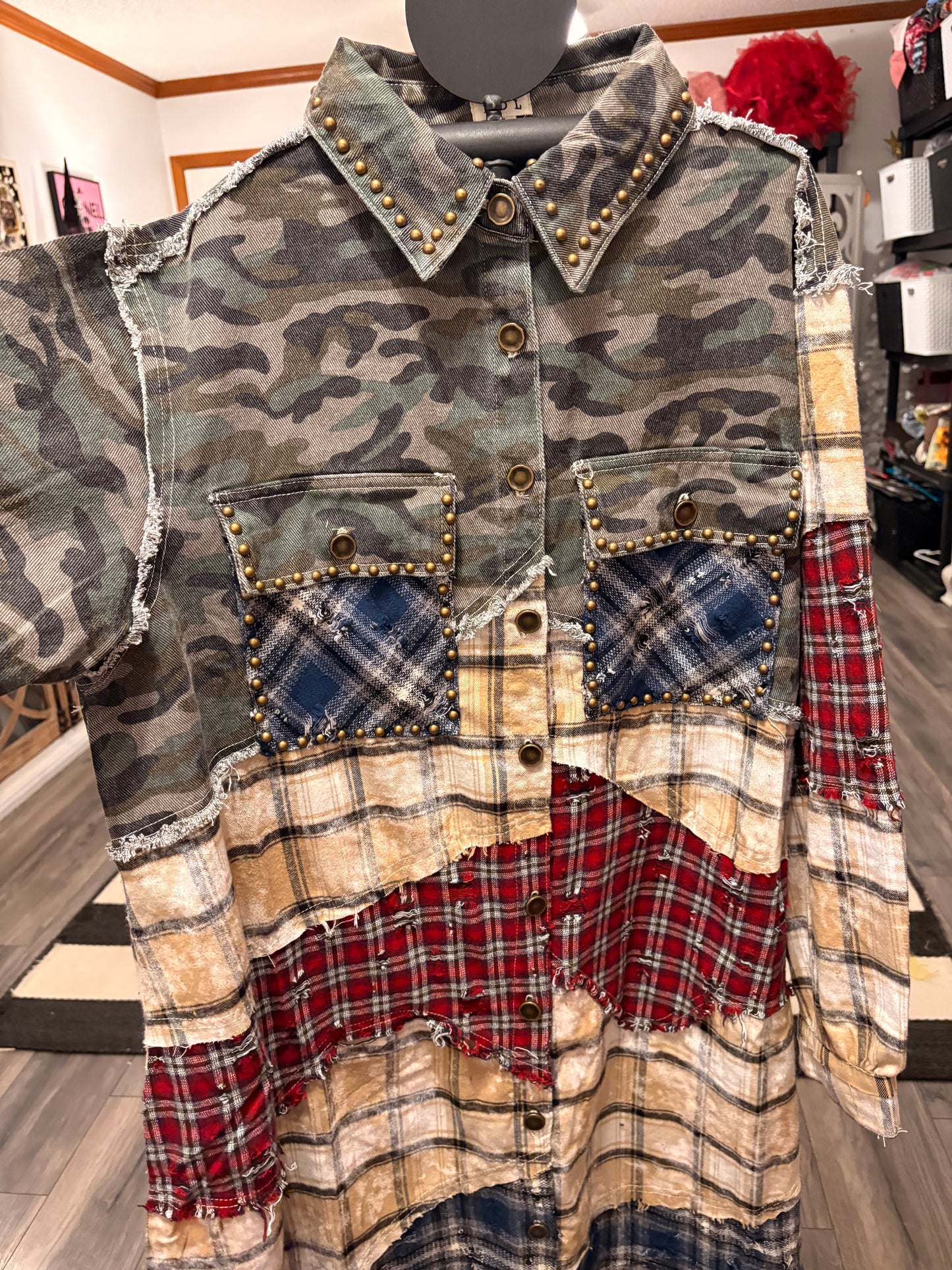 Long Sleeve Plaid Woven Varied Patchwork Maxi Shirt Jacket: CAMO MULTI / M