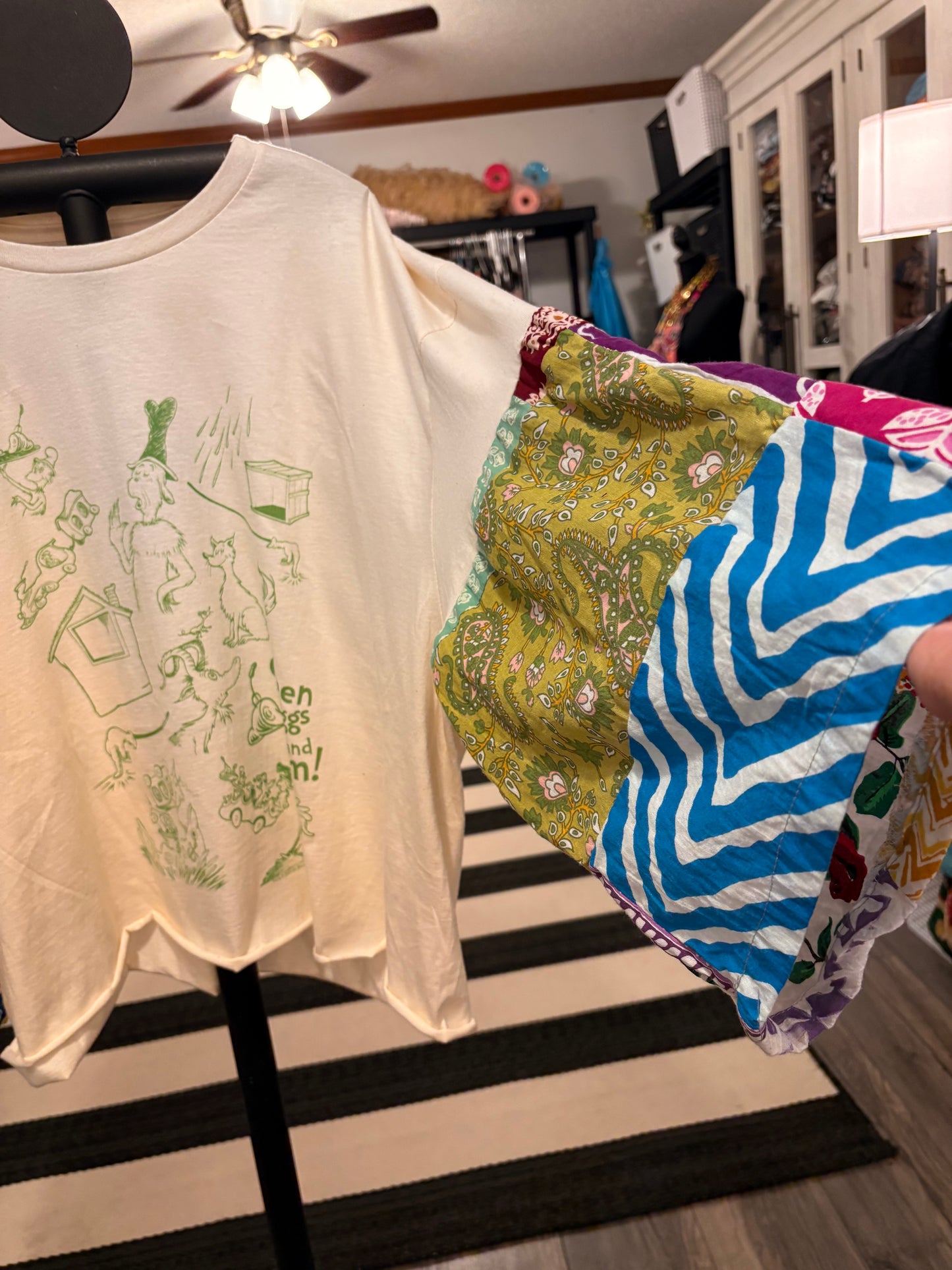 Green Eggs Upcycled Vintage Patchwork Tee Fits a Small to XXL