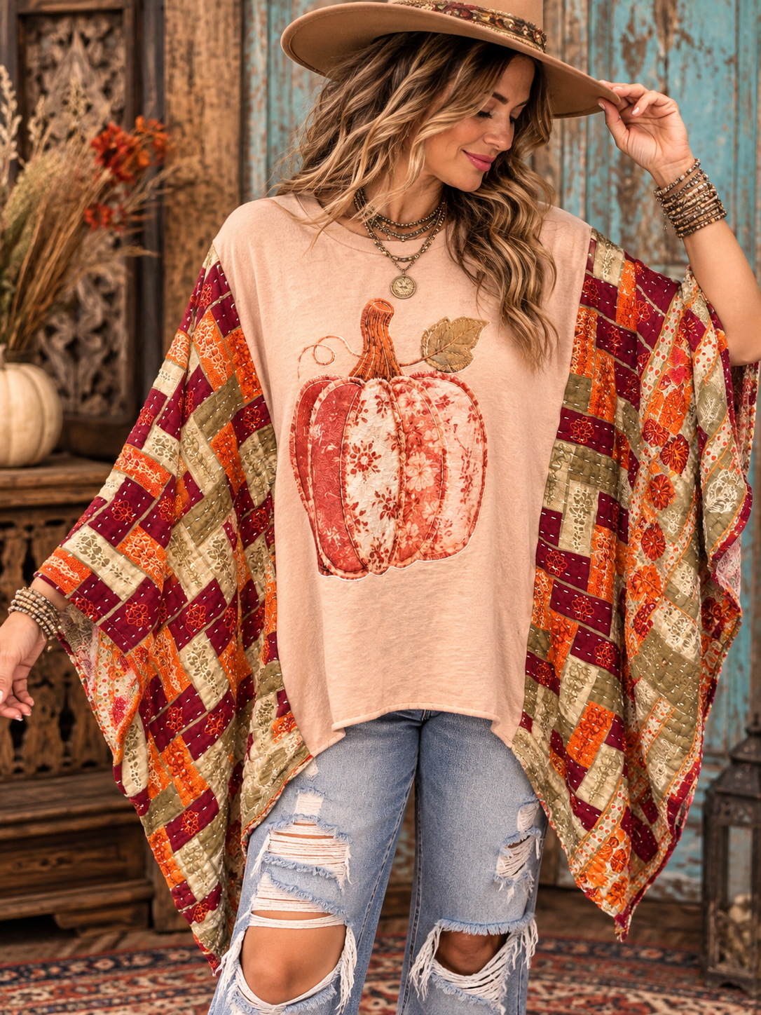 Pretty Pumpkin Vintage Kantha Poncho One Size Fits a Small to XXL