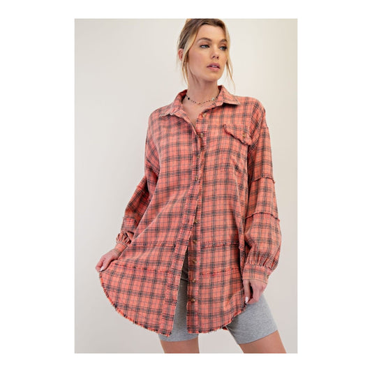 Coral Plaid Frayed Long Flannel