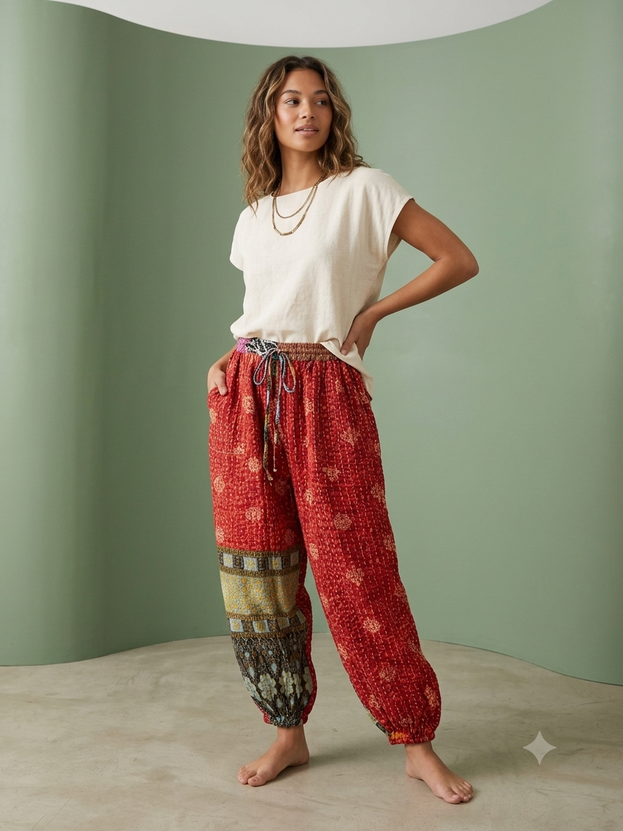 Beatrice Women Vintage Kantha Quilt Cotton Reversible Harem Pant One Size Fits Size 4-16