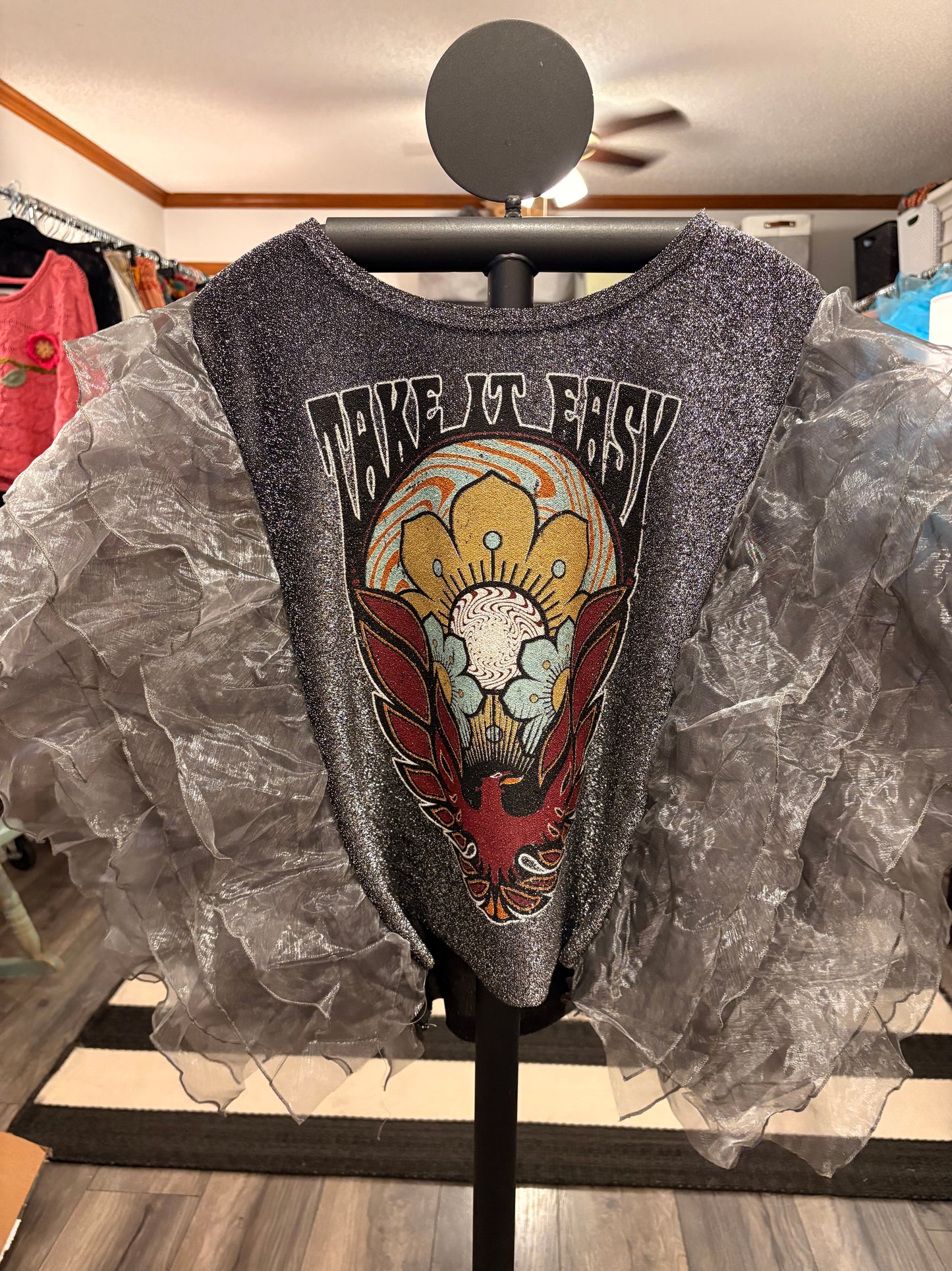 Take It Easy Rockstar Ruffle Top One Size Fits a Small to XL Cropped