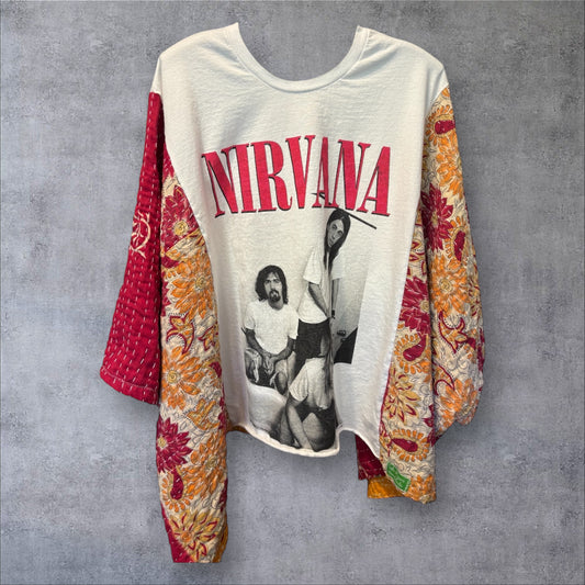 Nirvana  Upcycled Vintage Kantha Poncho Tee Fits A Size Large to 4X