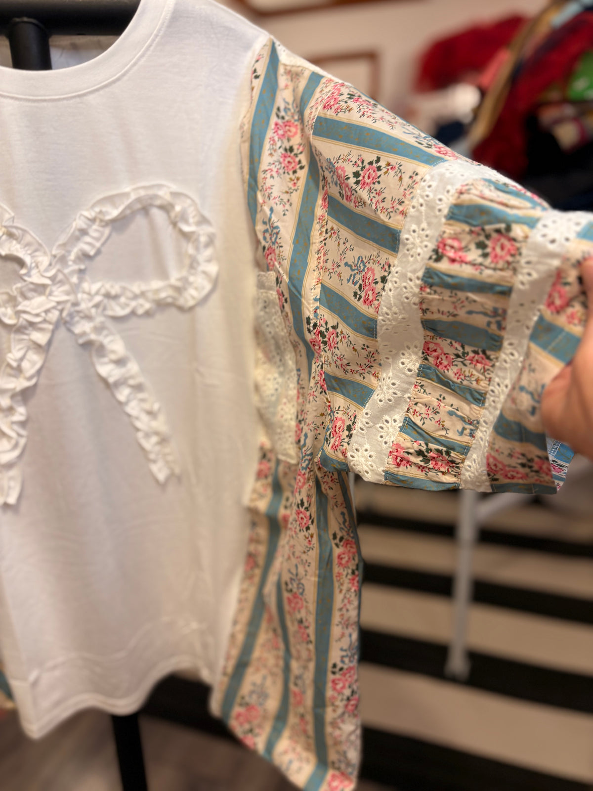 Agatha Eyelet and Bow Drop Sleeve Tee One Size Fits A Small to 2X