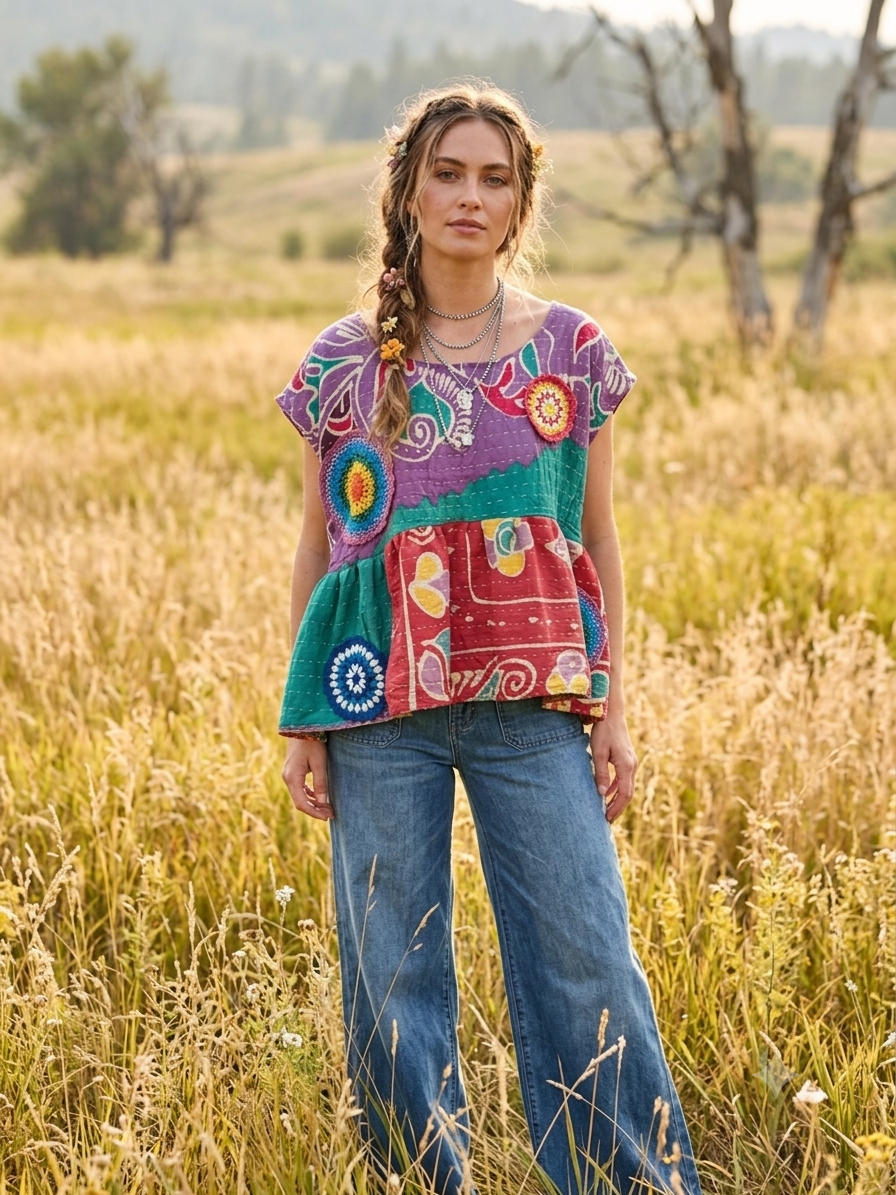 Hannah Vintage Kantha and Crochet Top One Size Fits a Small to XL