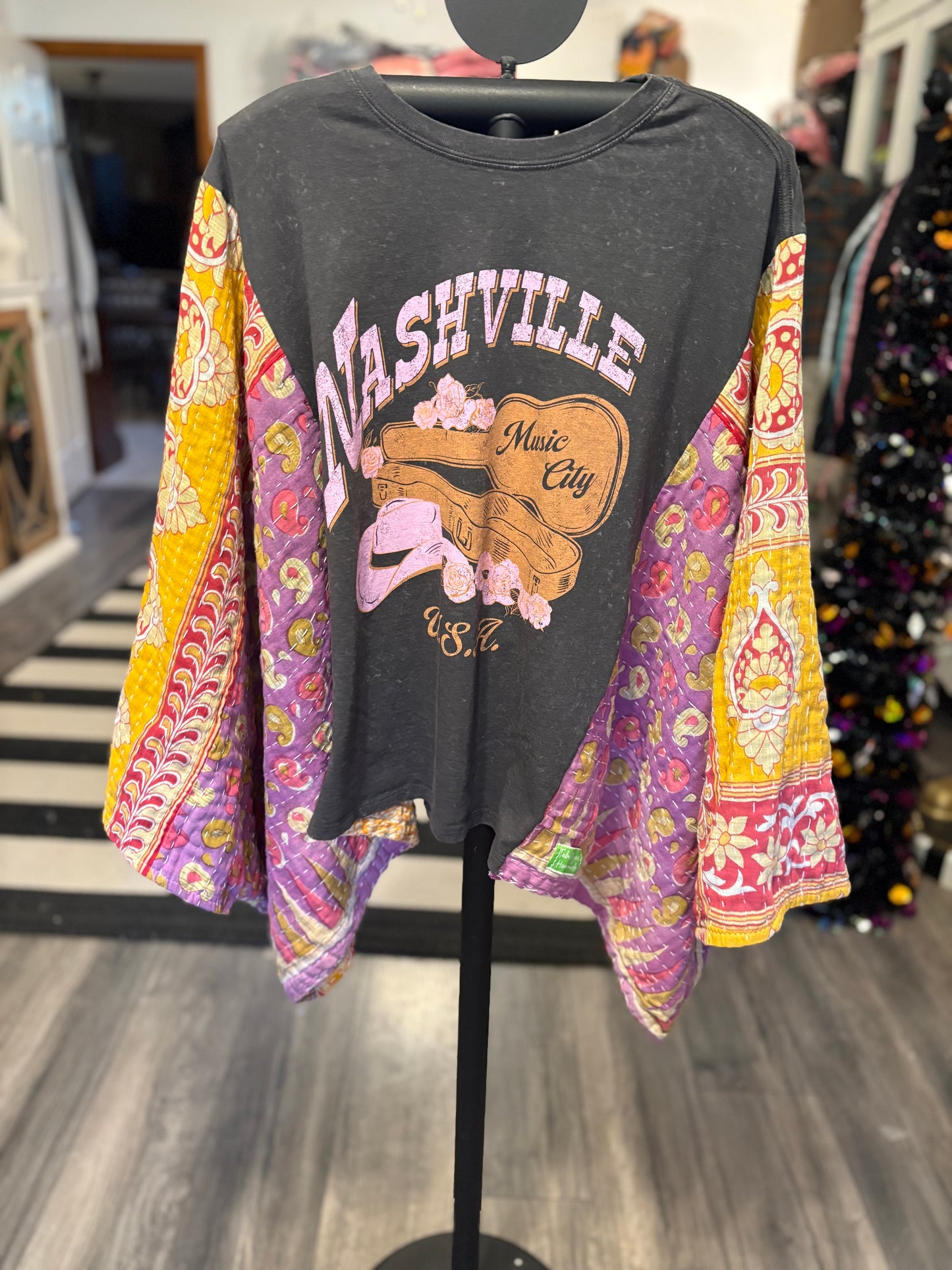 Nashville Upcycled Vintage Kantha Poncho Tee Fits A Small to XXL