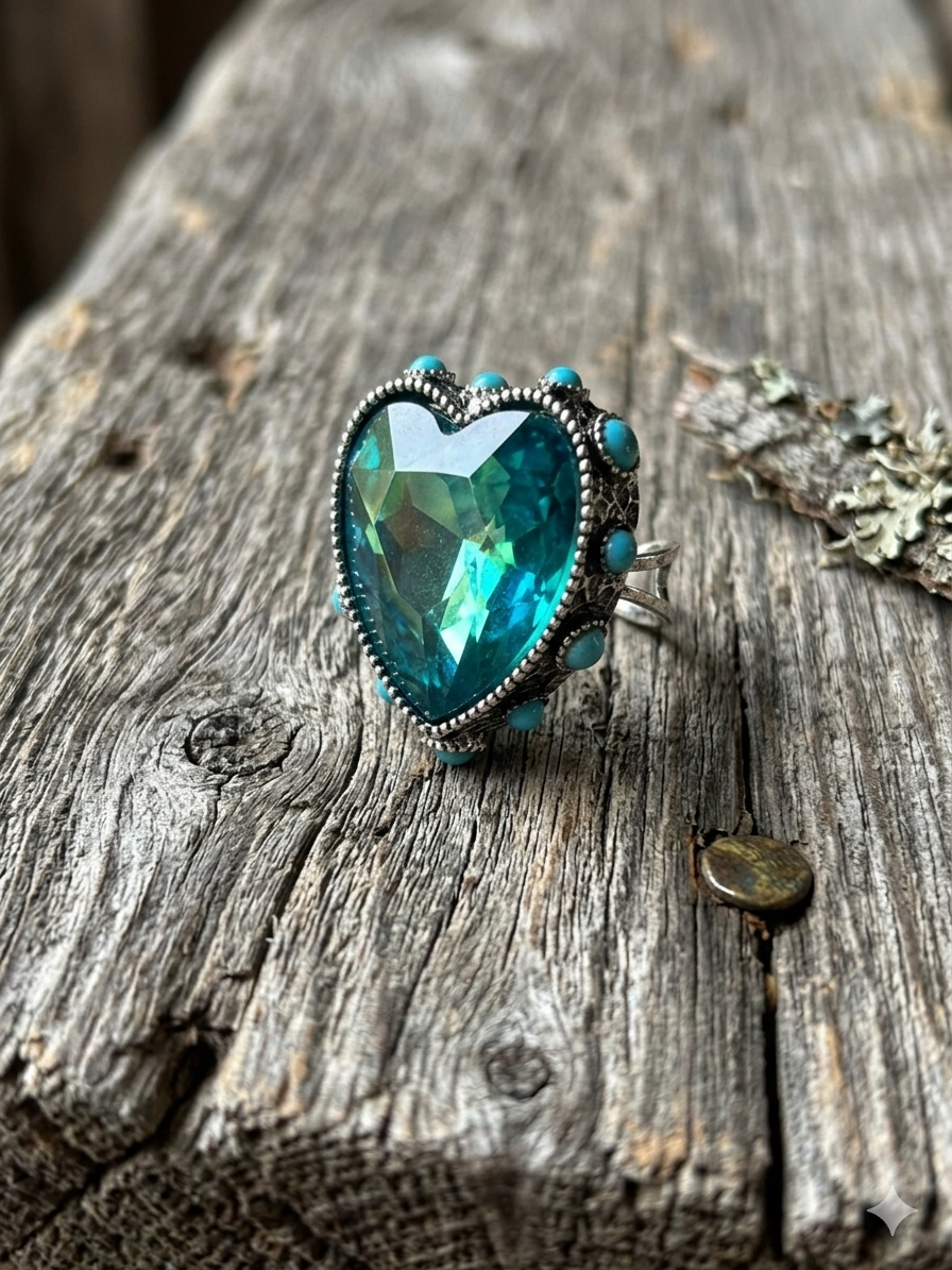 Bling Bling Glass Stone Western  Ring Adjustable: HEART - TURQUOISE