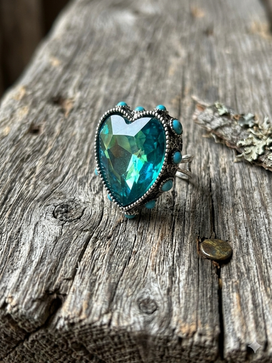 Bling Bling Glass Stone Western  Ring Adjustable: HEART - TURQUOISE