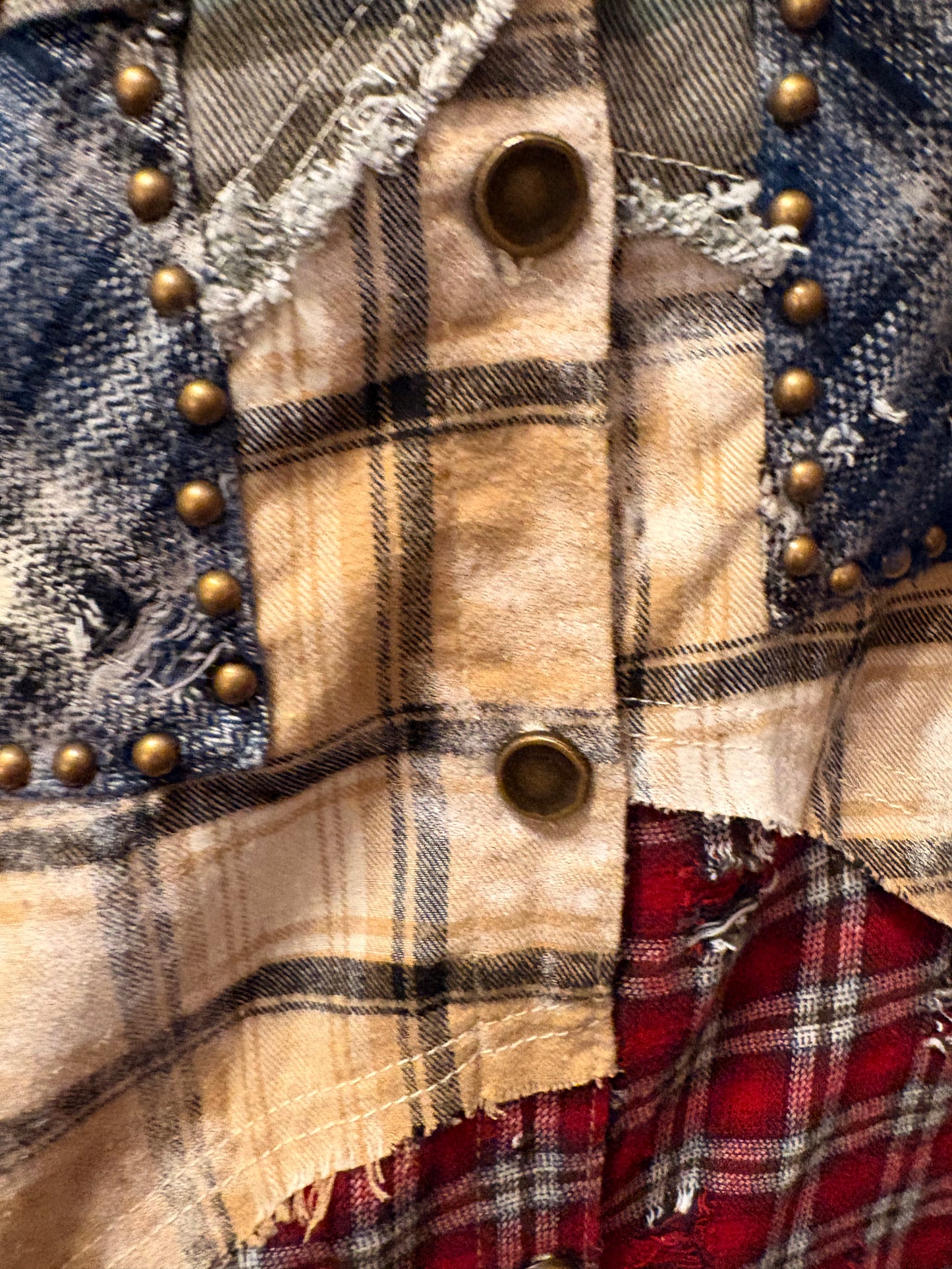 Long Sleeve Plaid Woven Varied Patchwork Maxi Shirt Jacket: CAMO MULTI / M