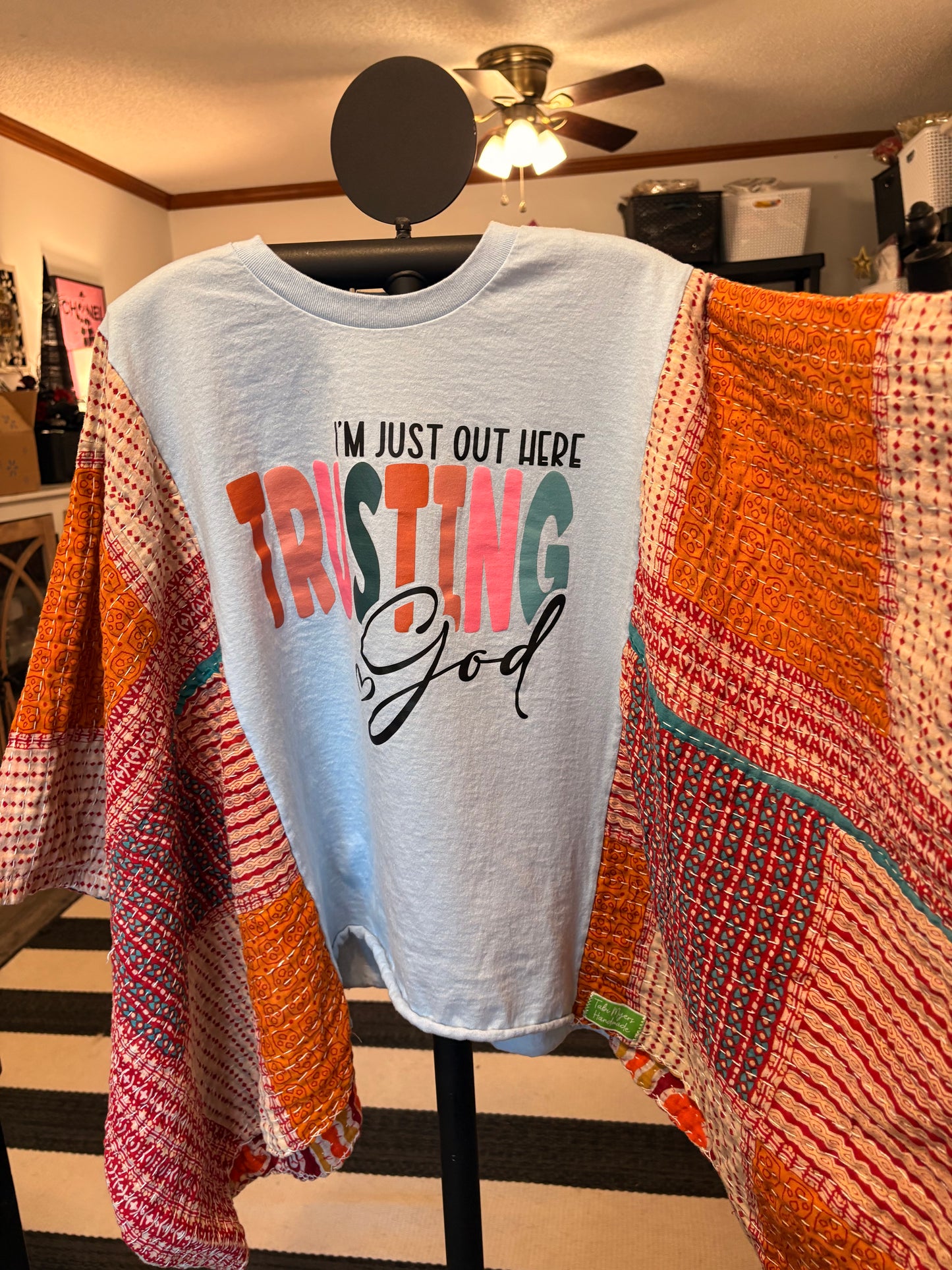 Trusting GOD Upcycled Vintage Kantha Quilt Poncho Tee One Size Fits a Small to XL