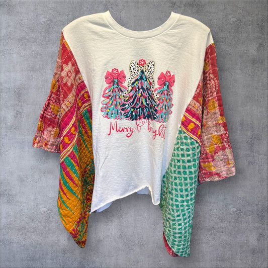 Merry Bright Upcycled Vintage Kantha Poncho Tee Fits A Small to XL