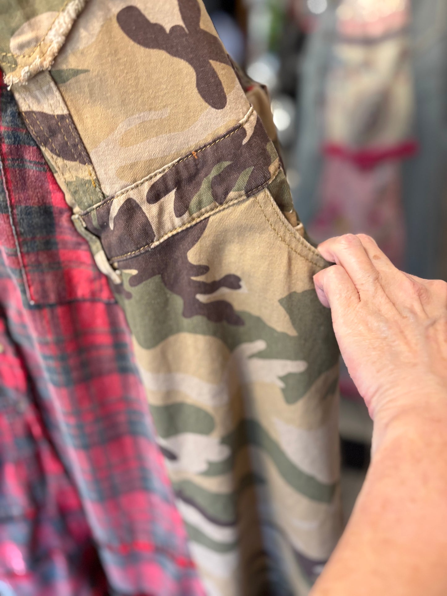 Flannel and Camo Upcycled Patchwork Overall Dress One Size Fits a Medium to XXL