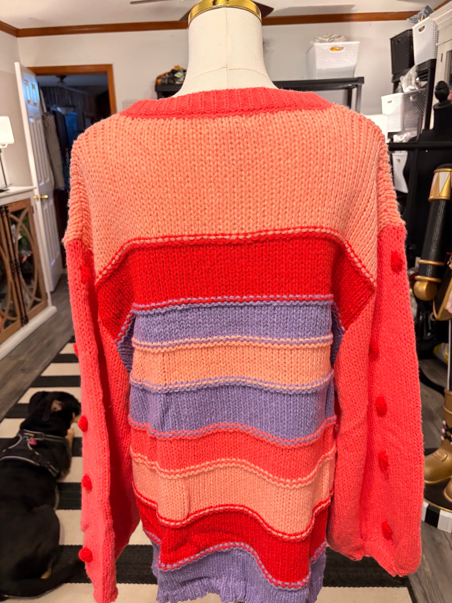 Red Striped Pom Pom Sleeve Sweater